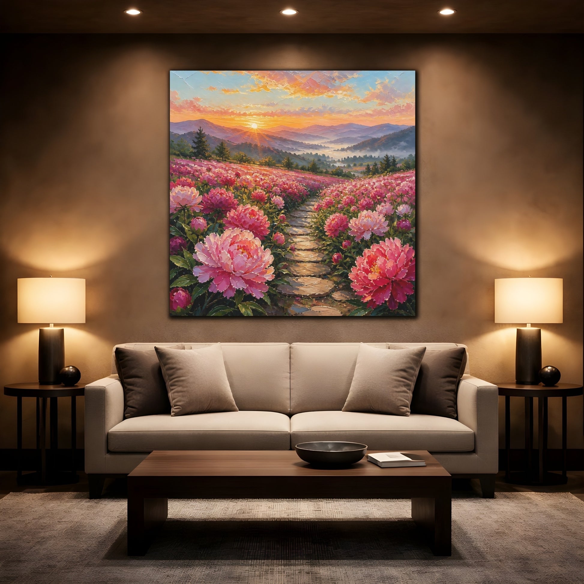 Mockup 2. Nature Peony Field Pink Peony Field shown as stretched canvas wall art