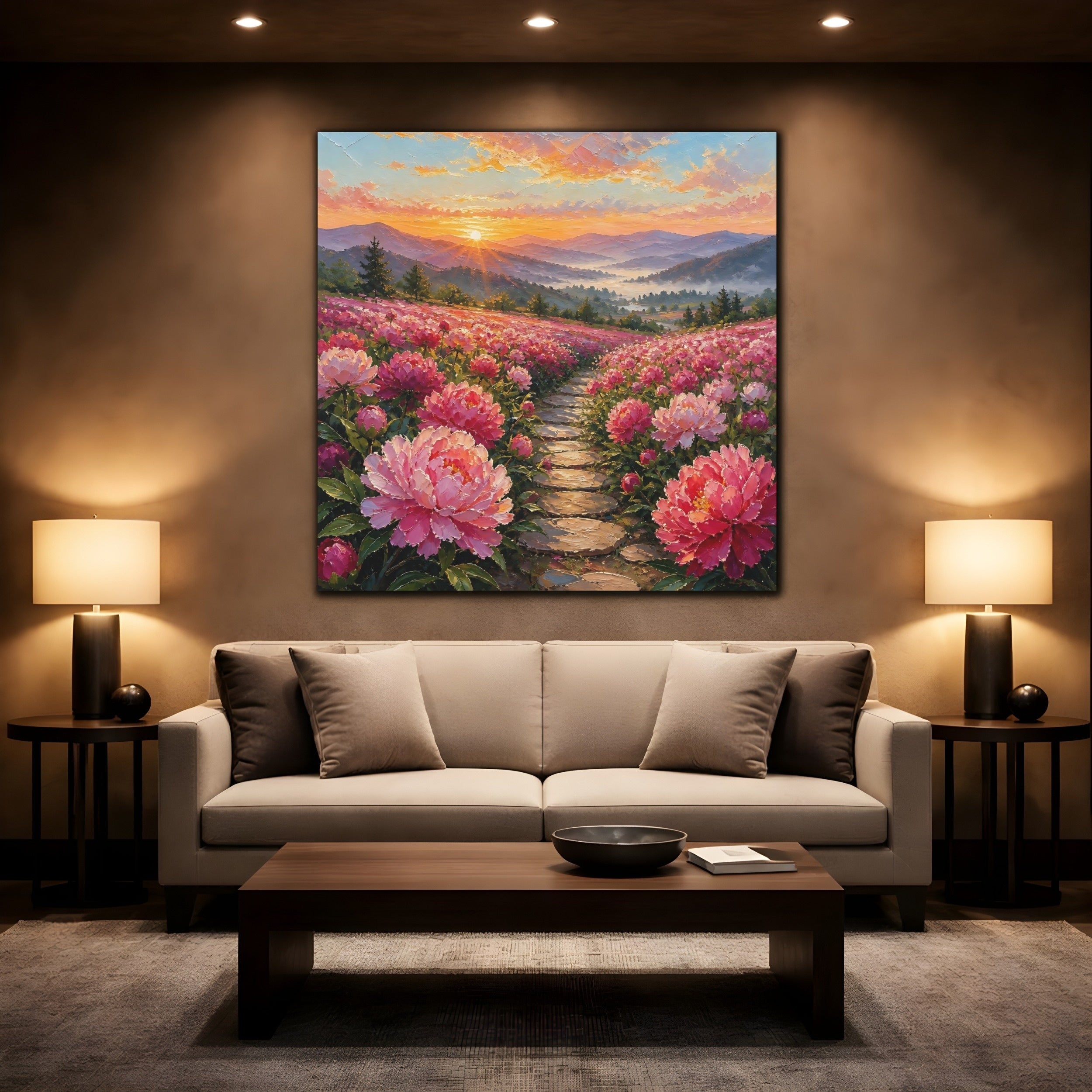 Mockup 2. Nature Peony Field Pink Peony Field shown as stretched canvas wall art