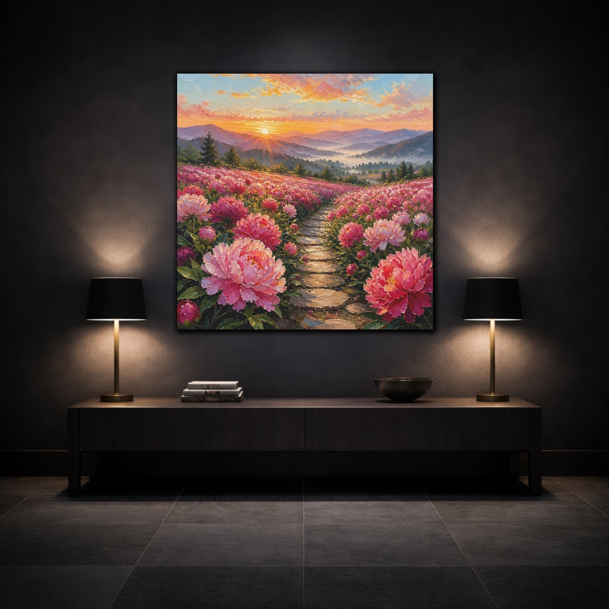 Mockup 3. Nature Peony Field Pink Peony Field shown as stretched canvas wall art