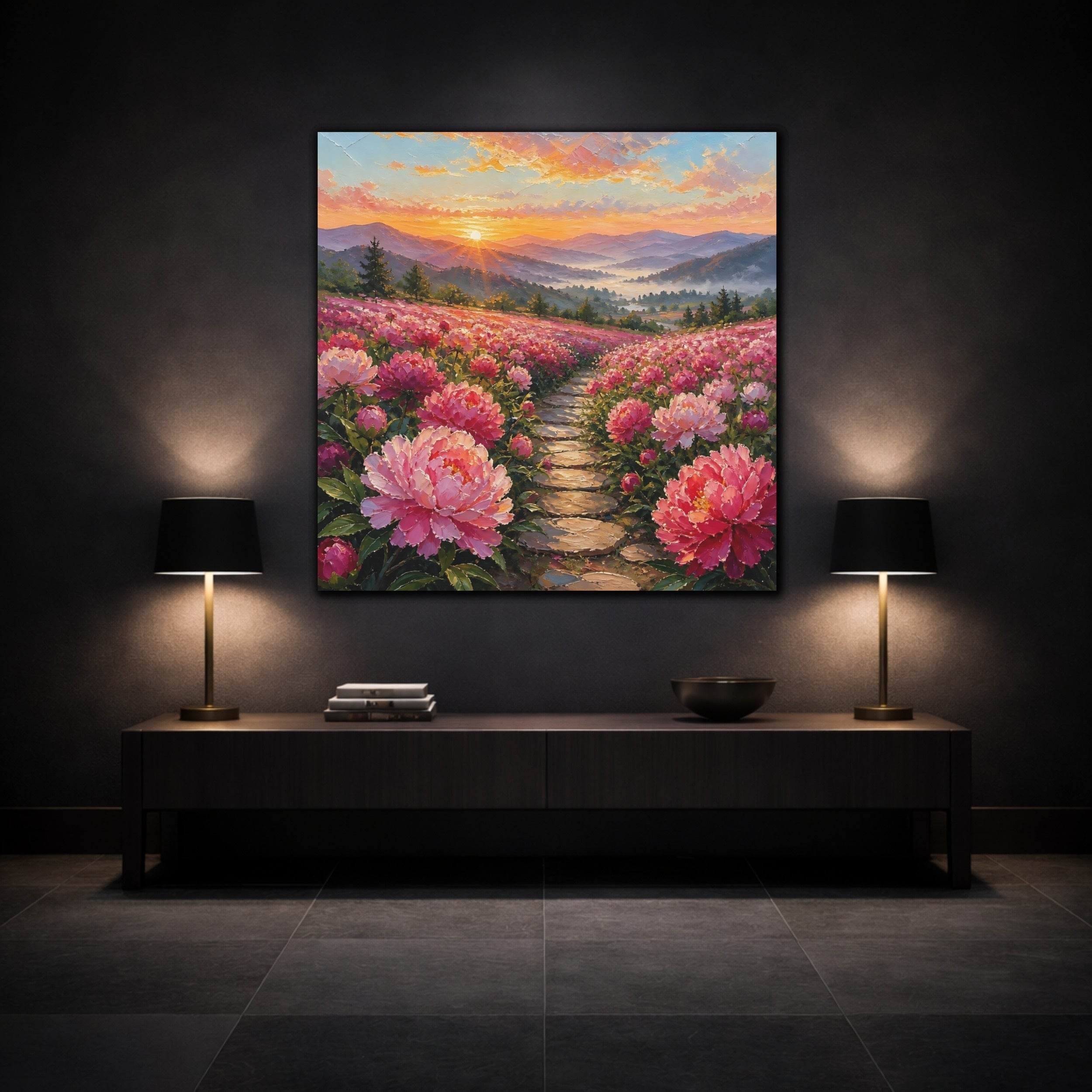 Mockup 3. Nature Peony Field Pink Peony Field shown as stretched canvas wall art