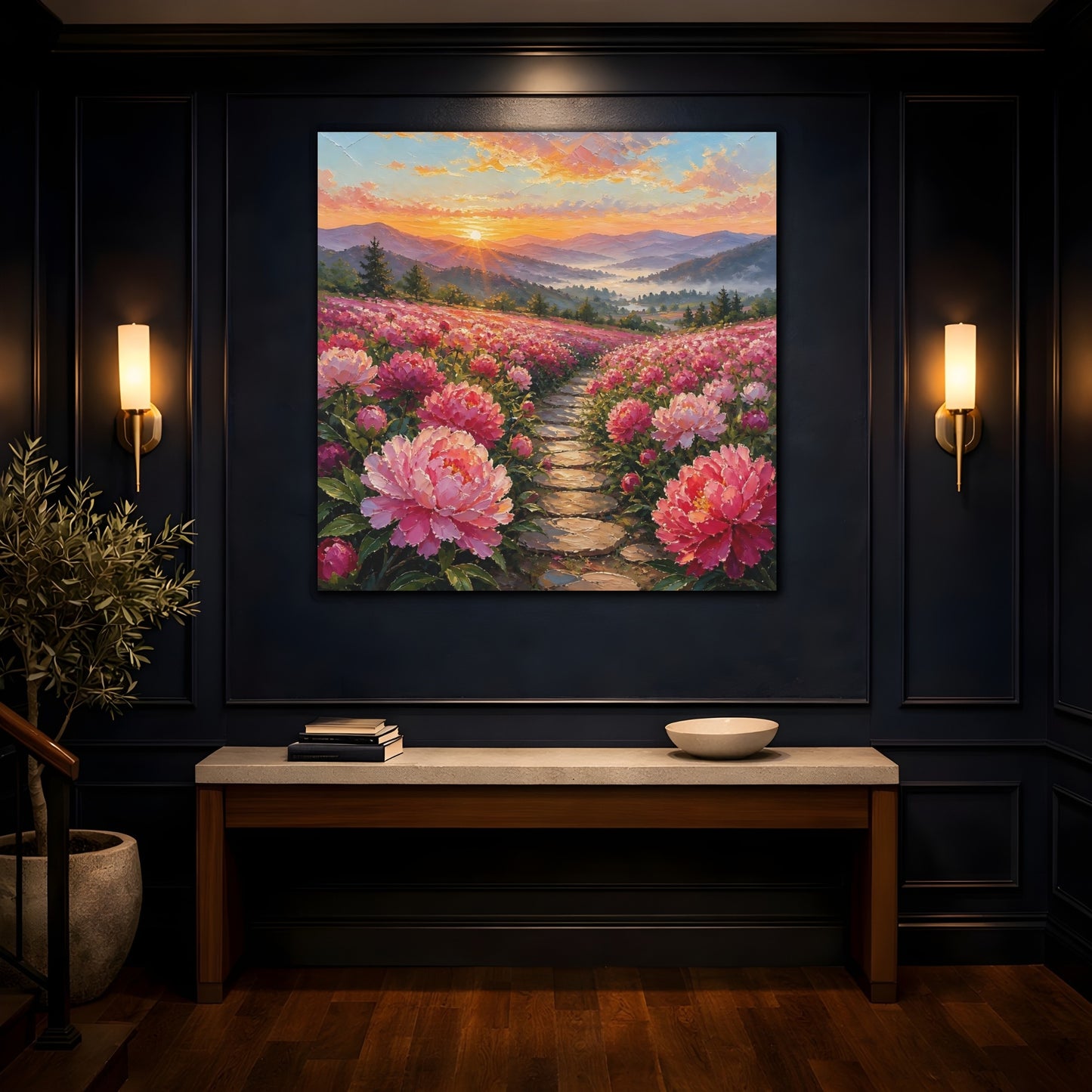 Mockup 4. Nature Peony Field Pink Peony Field shown as stretched canvas wall art