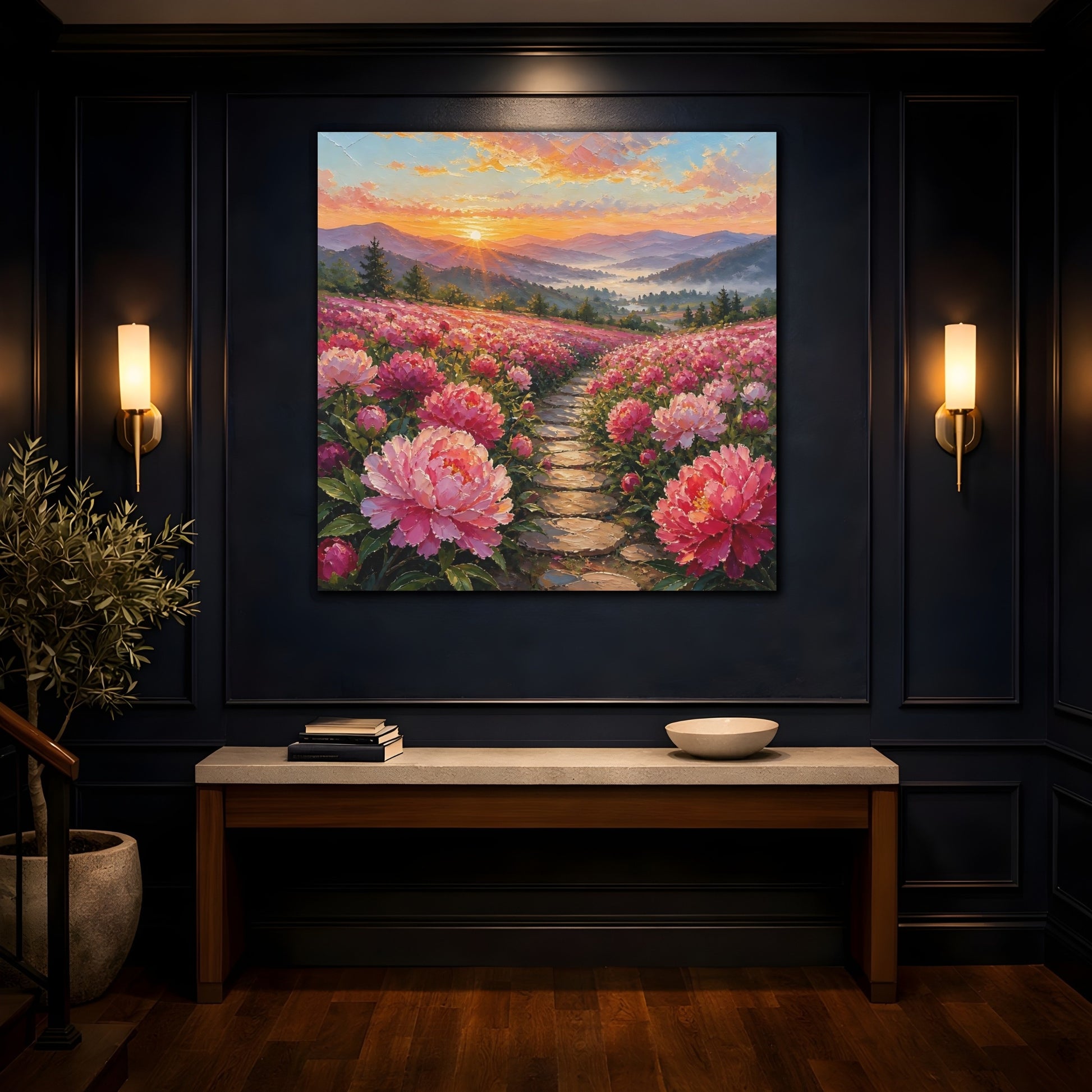 Mockup 4. Nature Peony Field Pink Peony Field shown as stretched canvas wall art