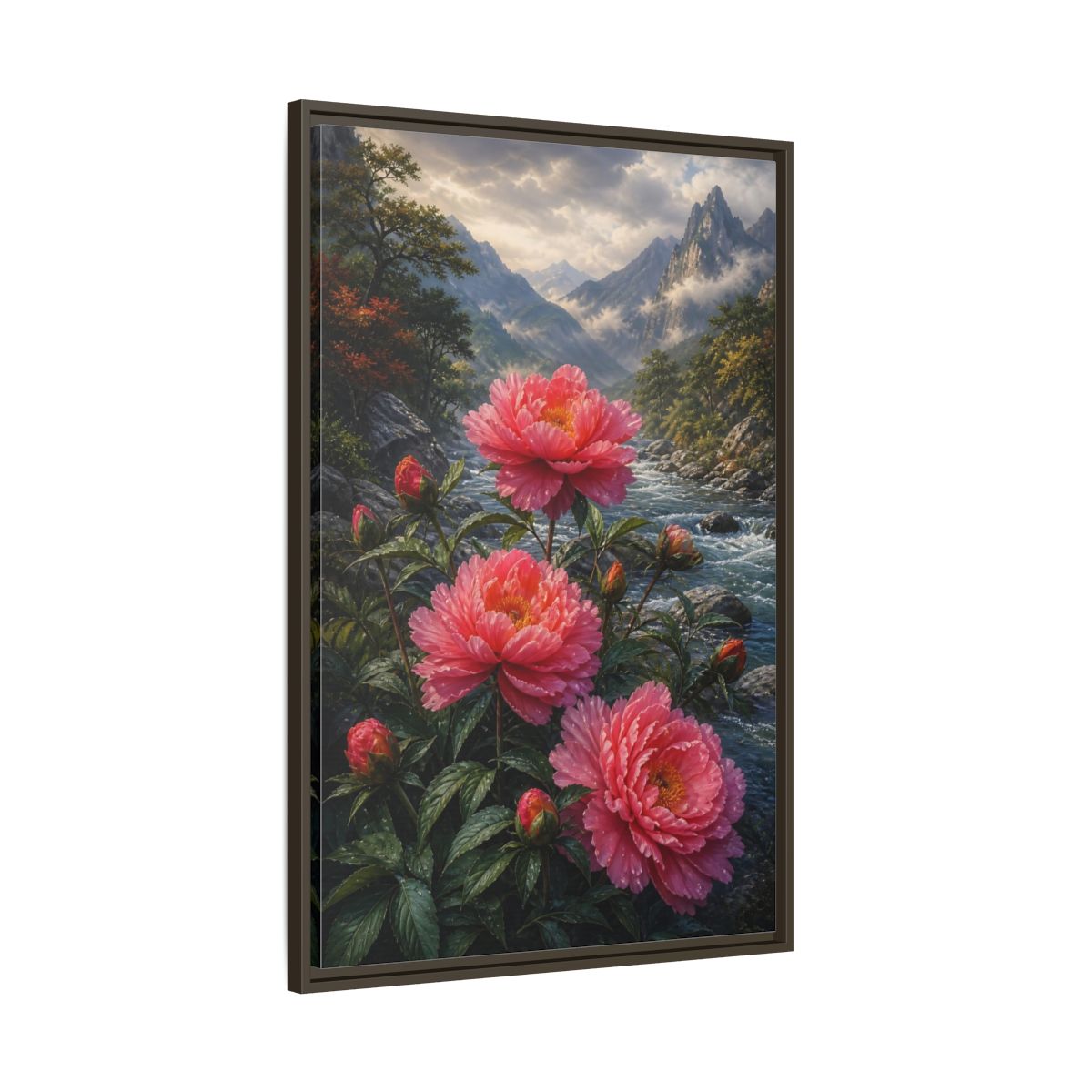 Main Mockup. Nature Peony Flowers Pink Peonies River shown as stretched canvas wall art