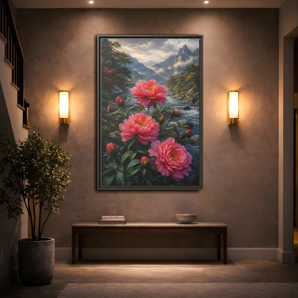 Mockup 2. Nature Peony Flowers Pink Peonies River shown as stretched canvas wall art