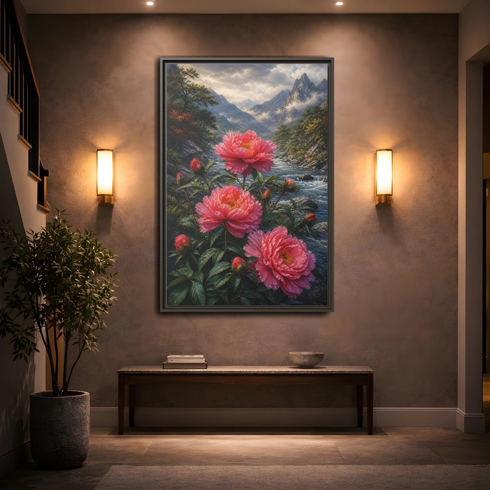 Mockup 2. Nature Peony Flowers Pink Peonies River shown as stretched canvas wall art