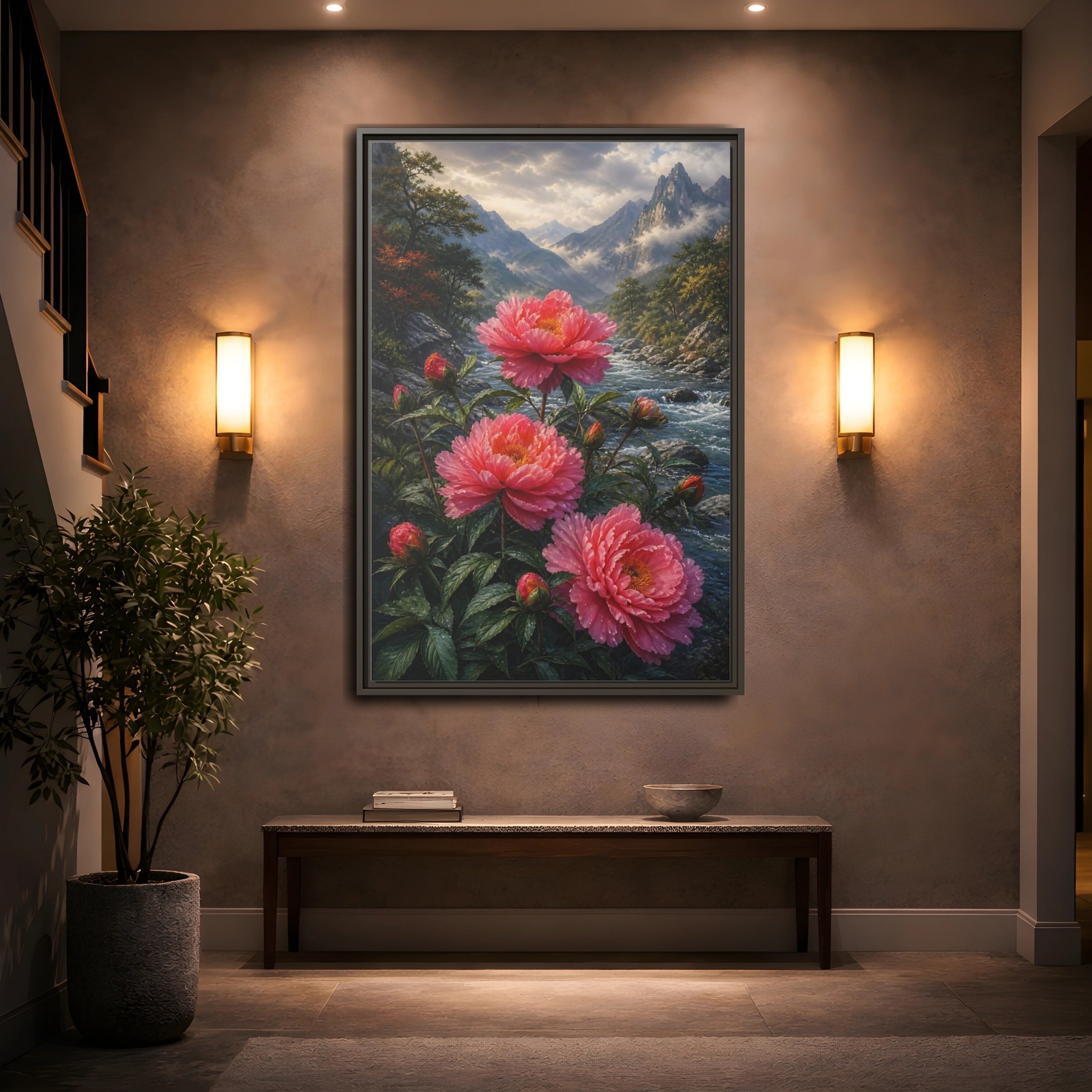 Mockup 2. Nature Peony Flowers Pink Peonies River shown as stretched canvas wall art