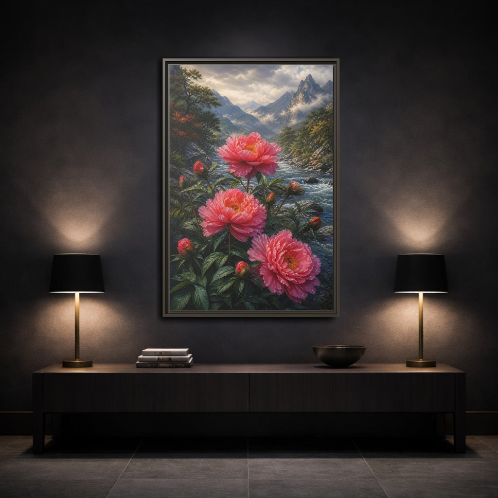 Mockup 3. Nature Peony Flowers Pink Peonies River shown as stretched canvas wall art