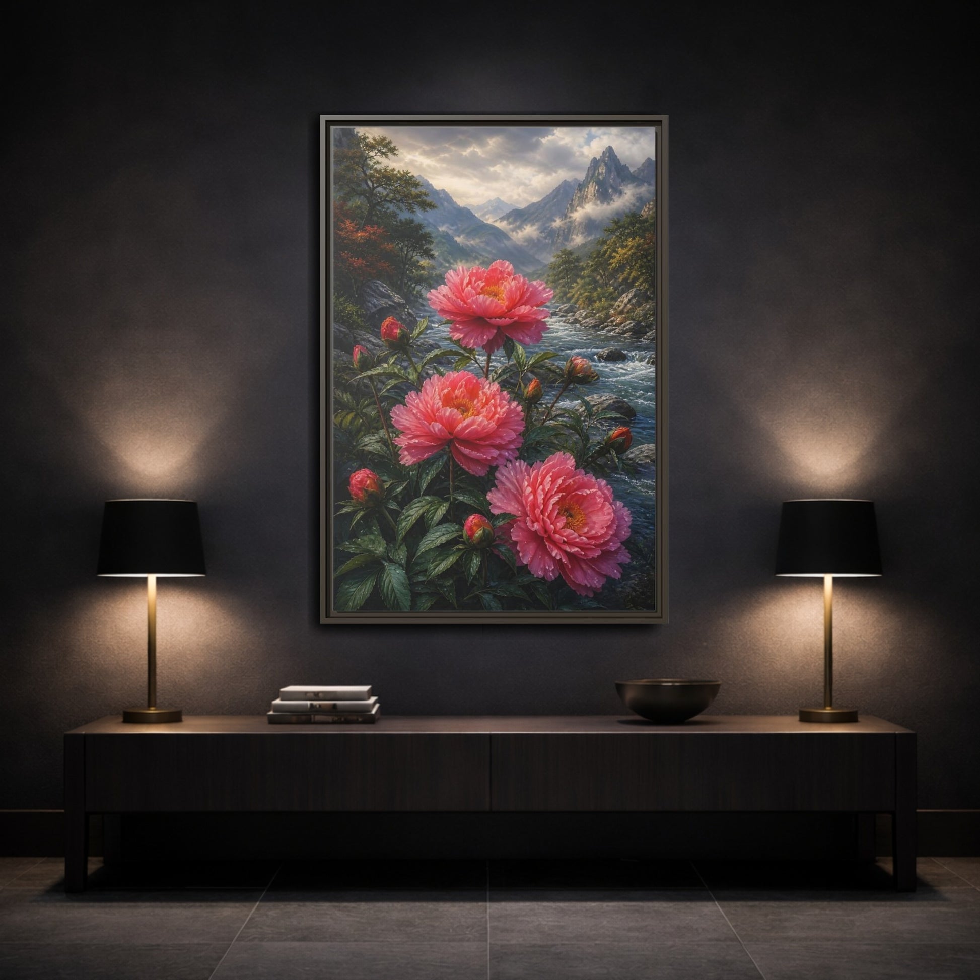 Mockup 3. Nature Peony Flowers Pink Peonies River shown as stretched canvas wall art