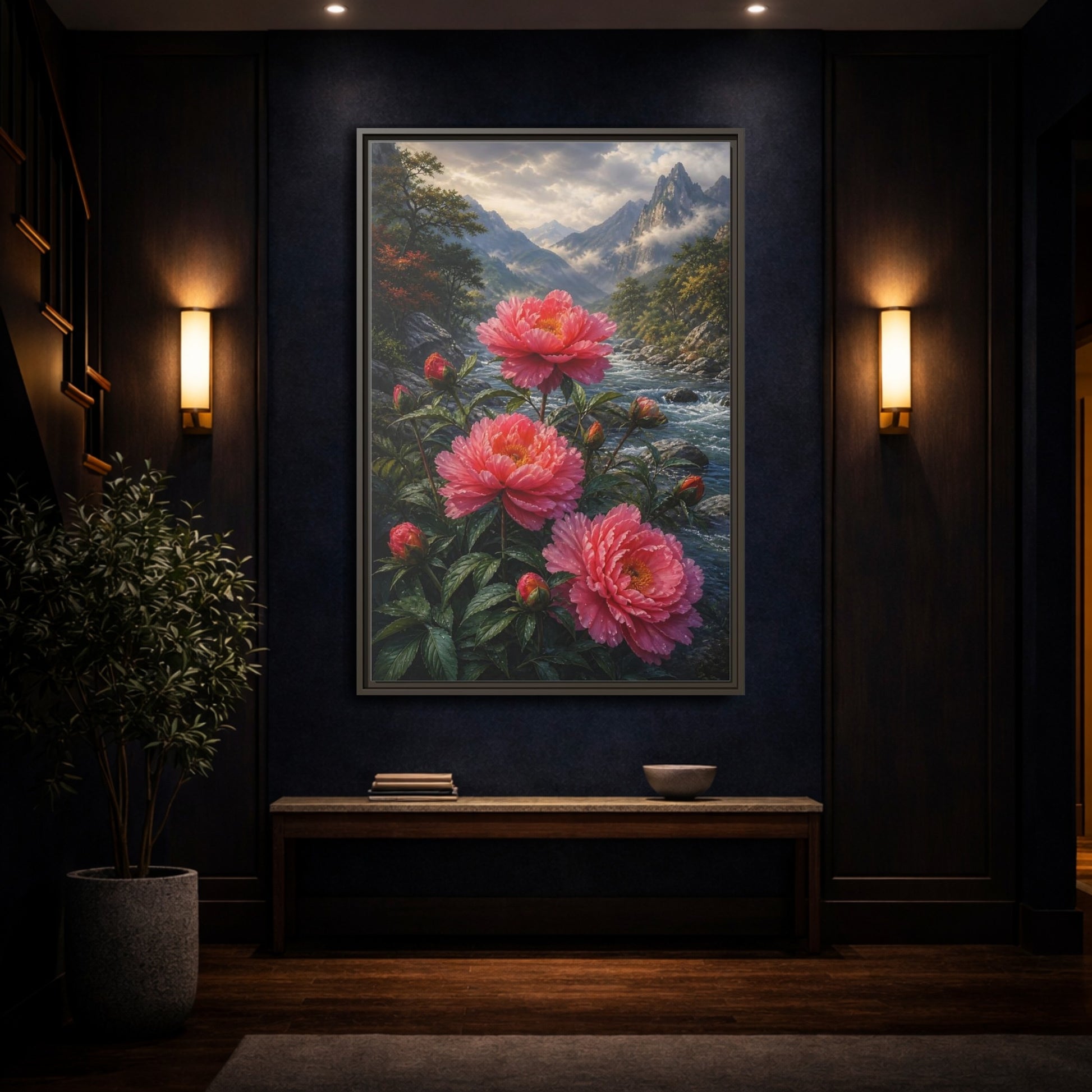 Mockup 4. Nature Peony Flowers Pink Peonies River shown as stretched canvas wall art