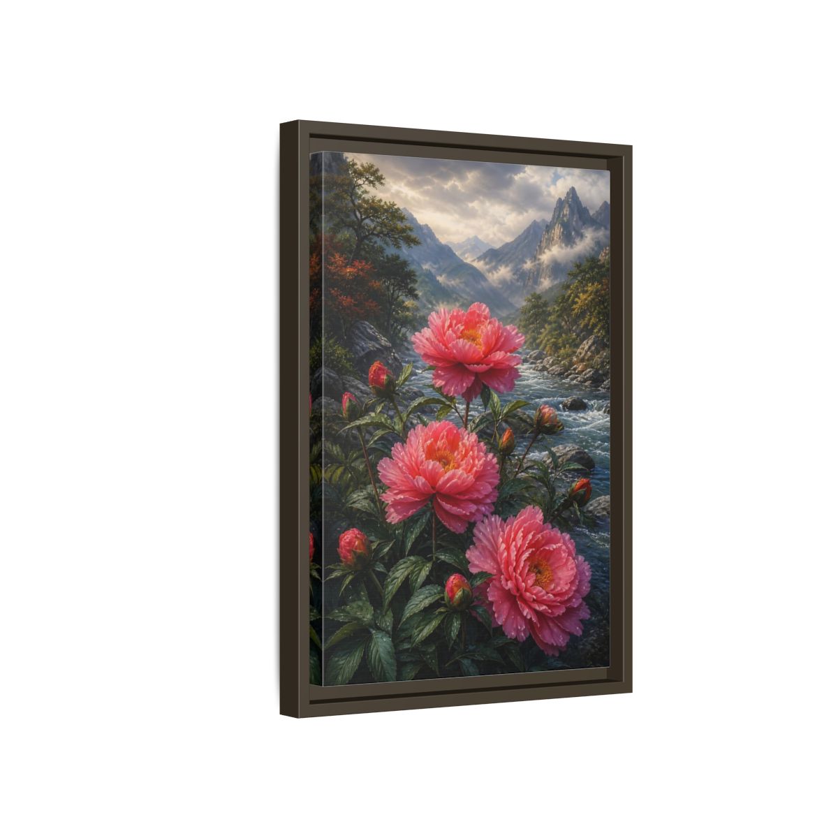 Side Mockup 5. Nature Peony Flowers Pink Peonies River shown as stretched canvas wall art