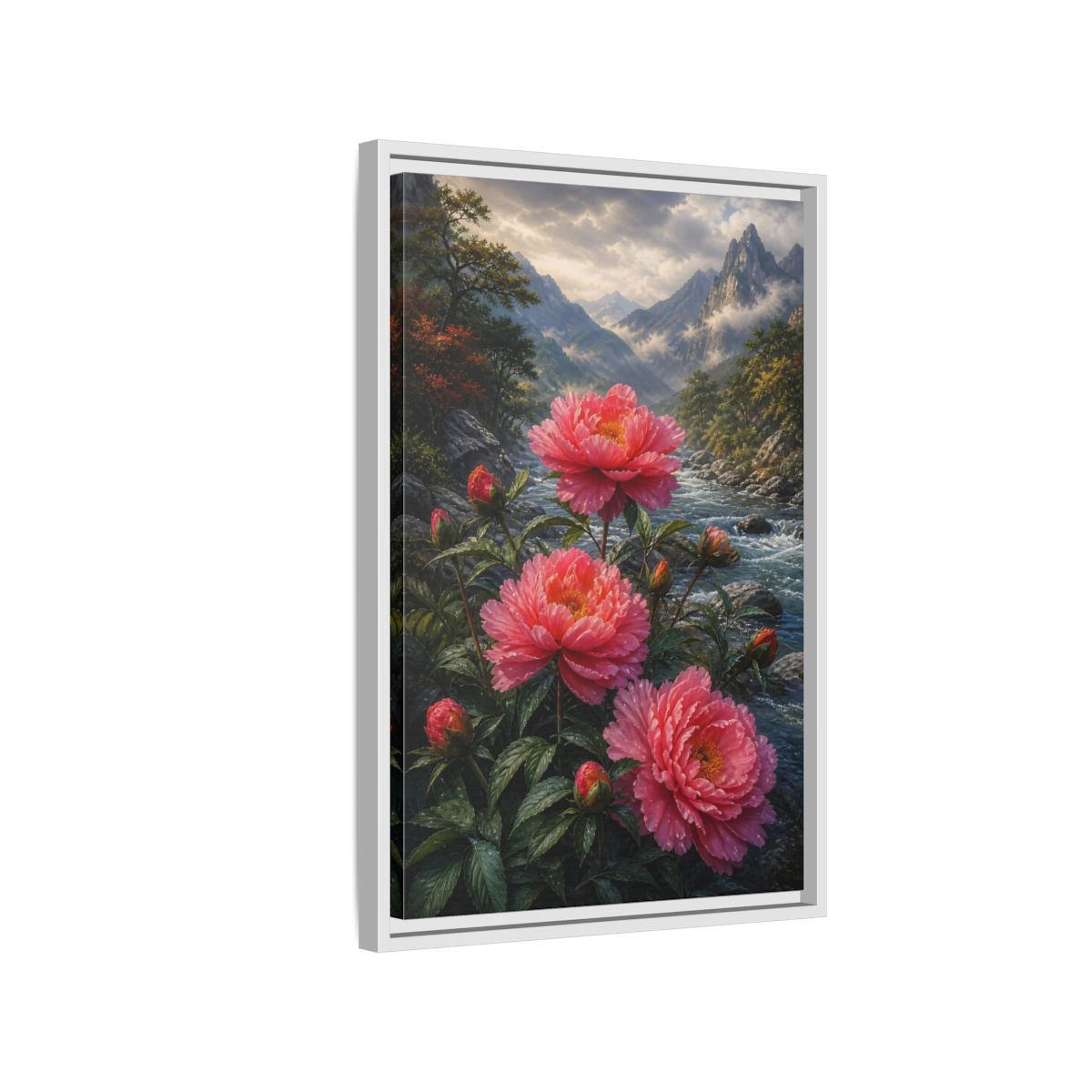 Side Mockup 1. Nature Peony Flowers Pink Peonies River shown as stretched canvas wall art