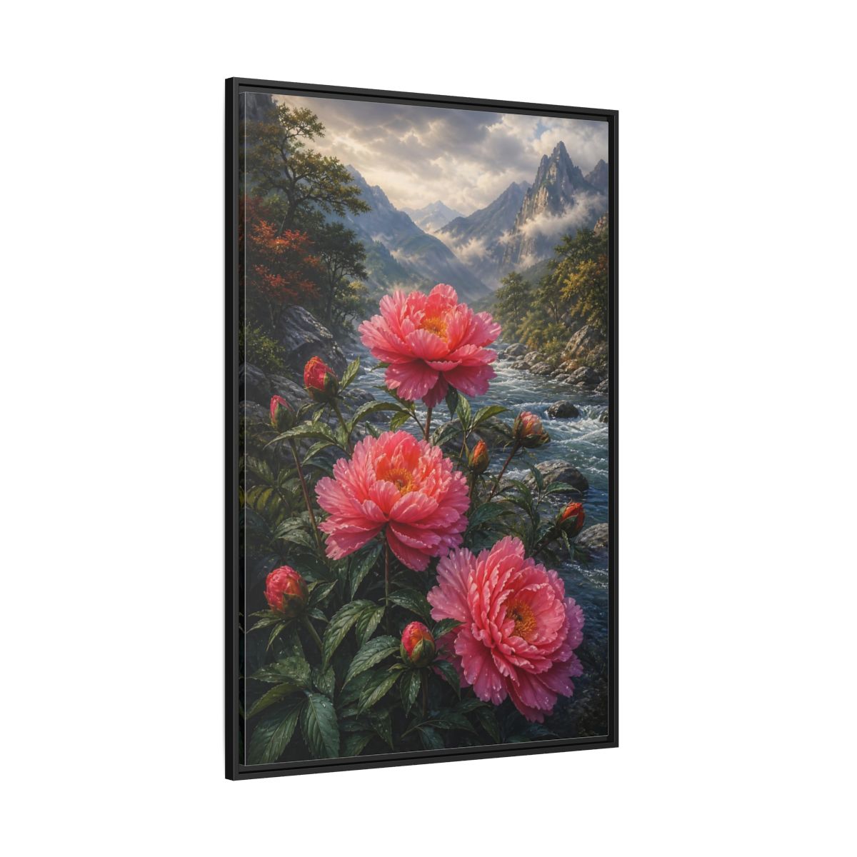 Side Mockup 12. Nature Peony Flowers Pink Peonies River shown as stretched canvas wall art