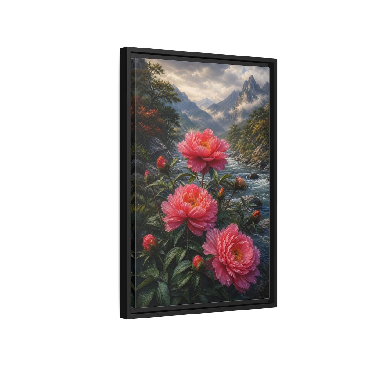 Side Mockup 3. Nature Peony Flowers Pink Peonies River shown as stretched canvas wall art
