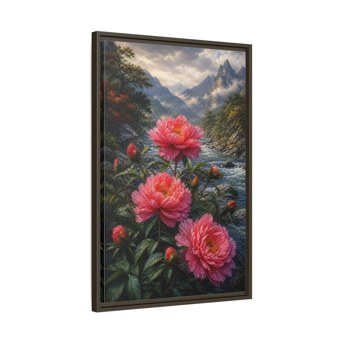 Side Mockup 11. Nature Peony Flowers Pink Peonies River shown as stretched canvas wall art