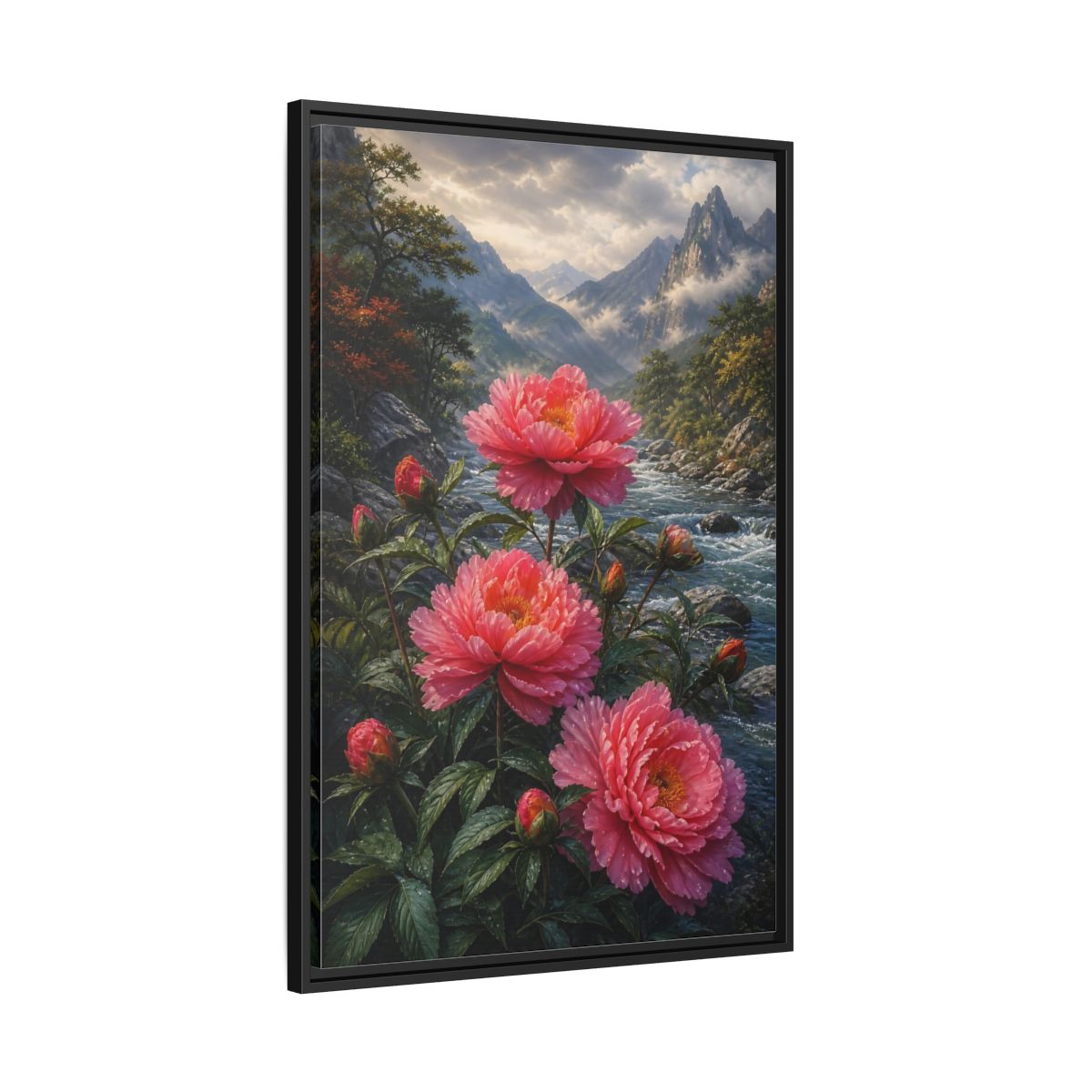 Side Mockup 13. Nature Peony Flowers Pink Peonies River shown as stretched canvas wall art