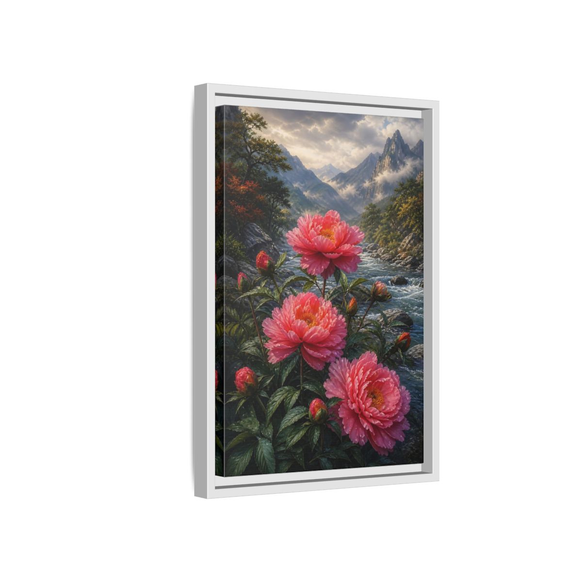 Side Mockup 4. Nature Peony Flowers Pink Peonies River shown as stretched canvas wall art