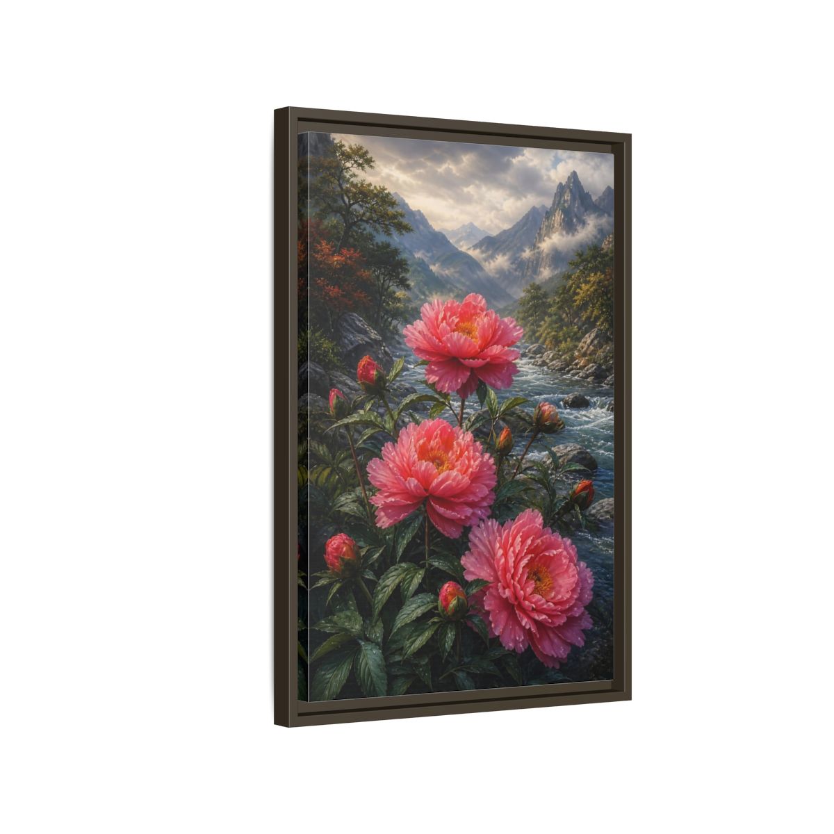 Side Mockup 2. Nature Peony Flowers Pink Peonies River shown as stretched canvas wall art