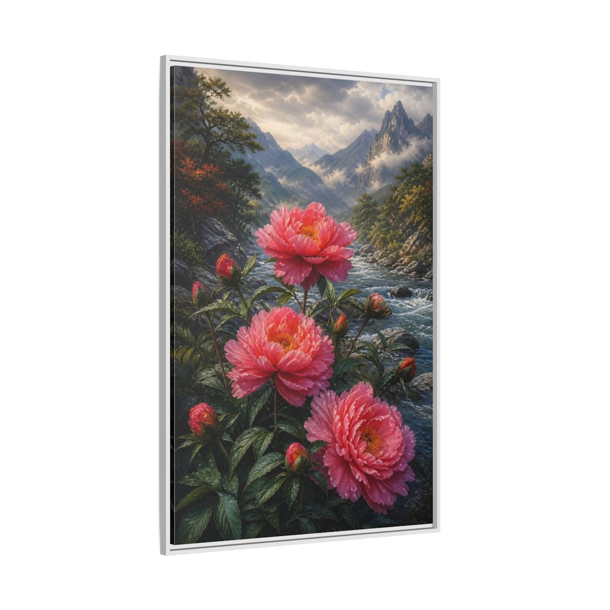 Side Mockup 7. Nature Peony Flowers Pink Peonies River shown as stretched canvas wall art