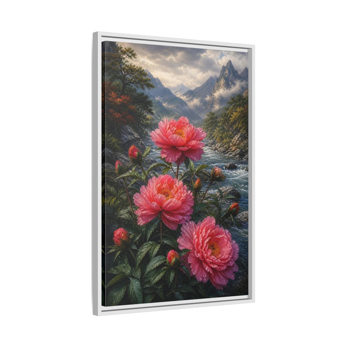 Side Mockup 10. Nature Peony Flowers Pink Peonies River shown as stretched canvas wall art