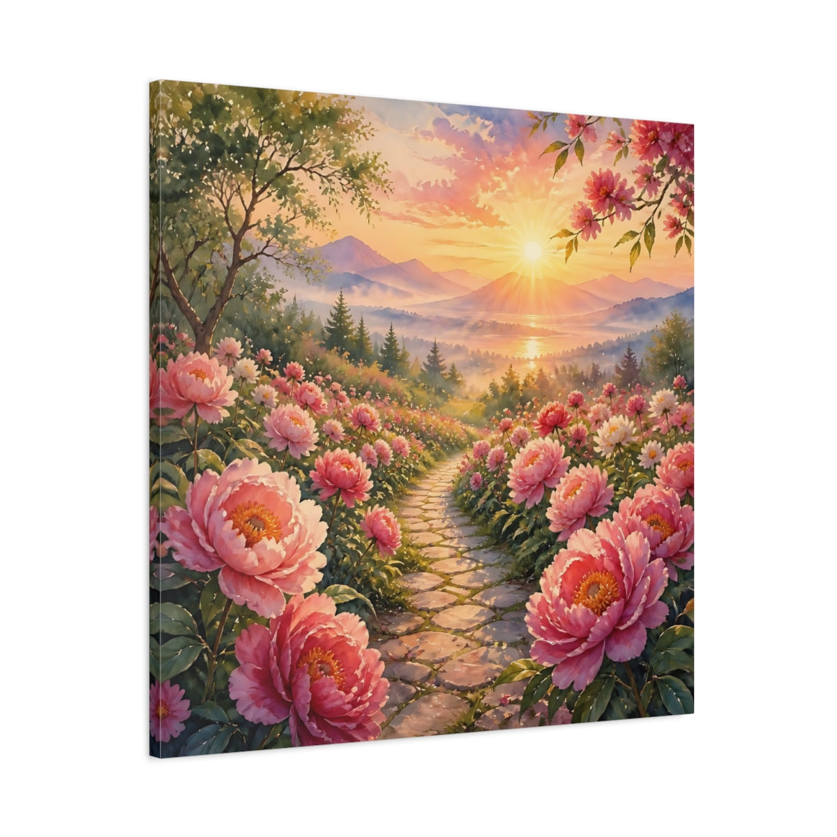 Main Mockup. Nature Peony Path Pink Flowers Sunset shown as stretched canvas wall art