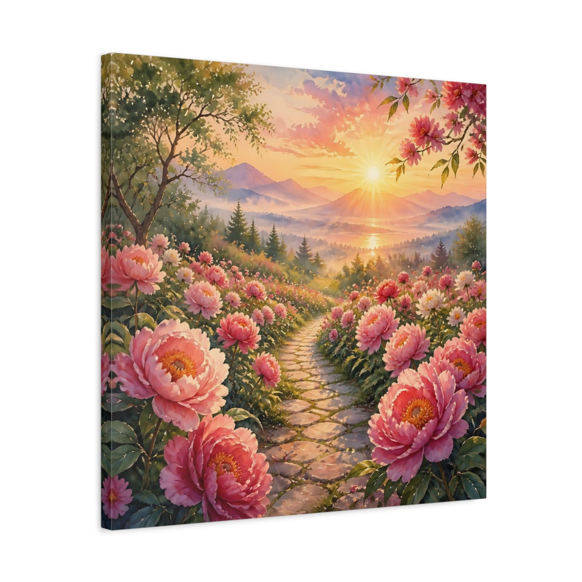 Side Mockup 4. Nature Peony Path Pink Flowers Sunset shown as stretched canvas wall art