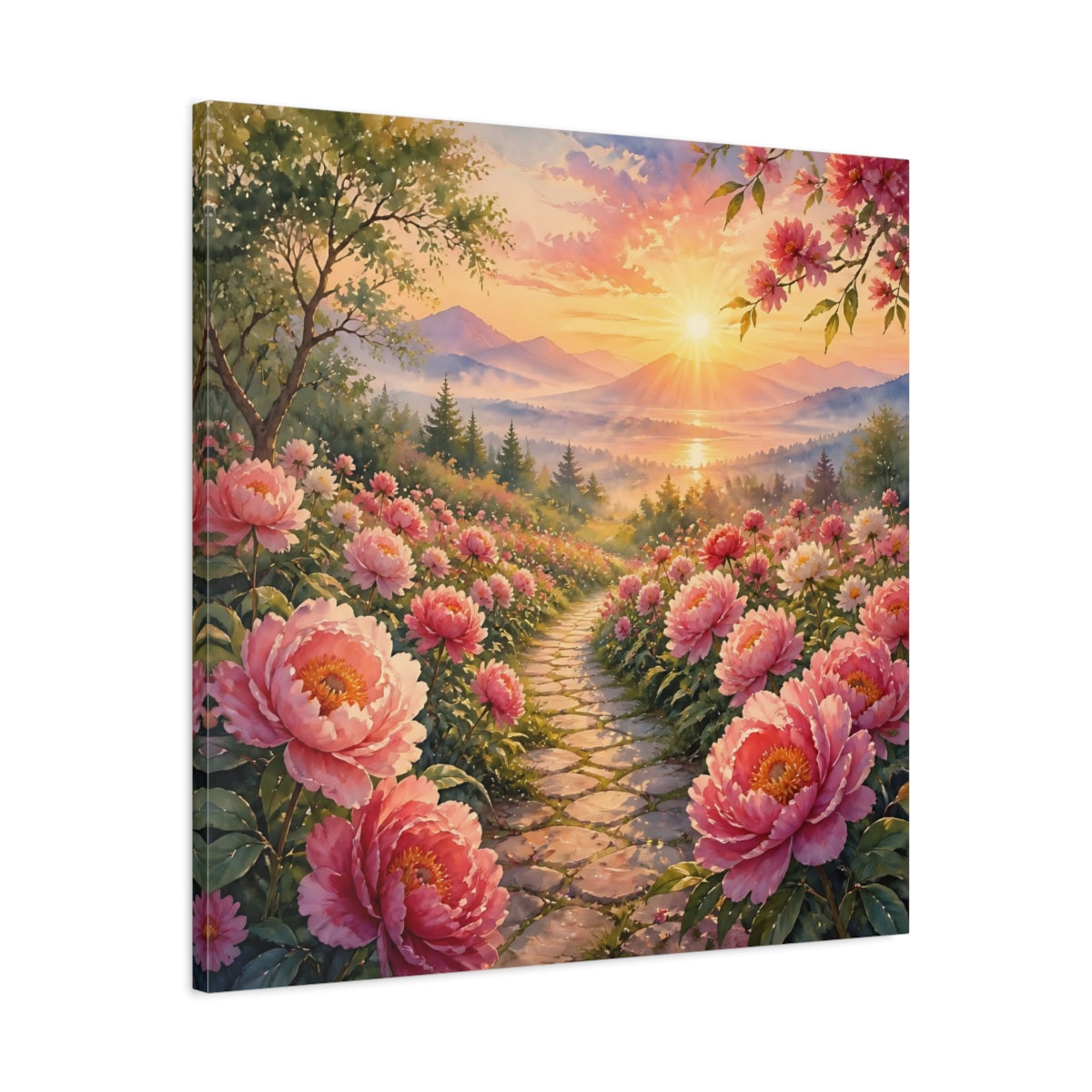 Side Mockup 3. Nature Peony Path Pink Flowers Sunset shown as stretched canvas wall art