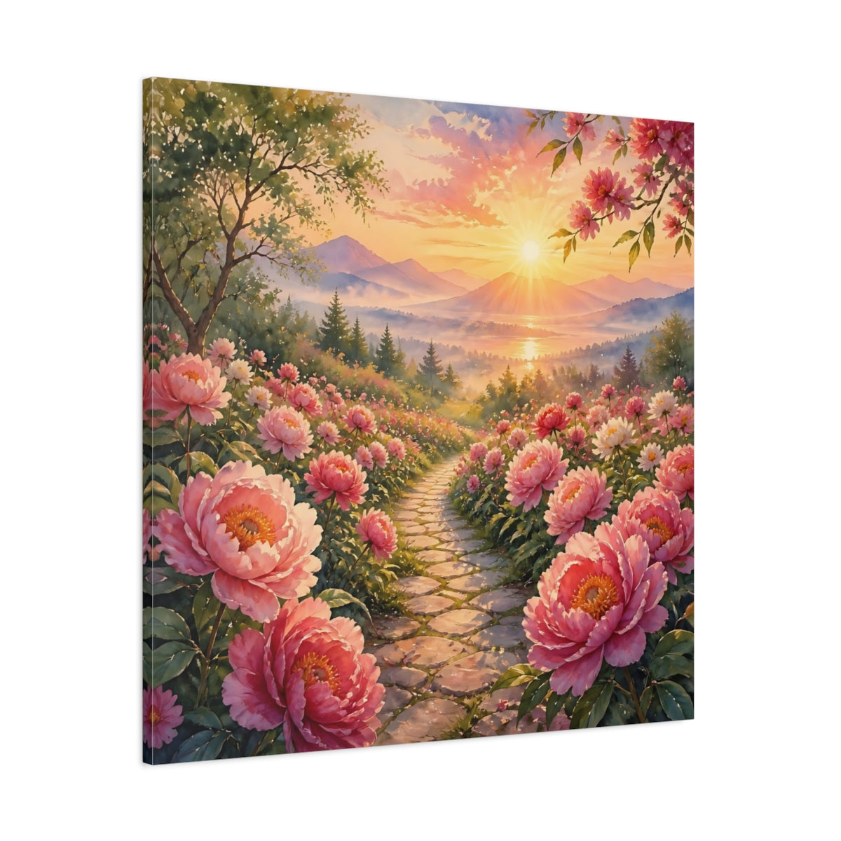Side Mockup 1. Nature Peony Path Pink Flowers Sunset shown as stretched canvas wall art