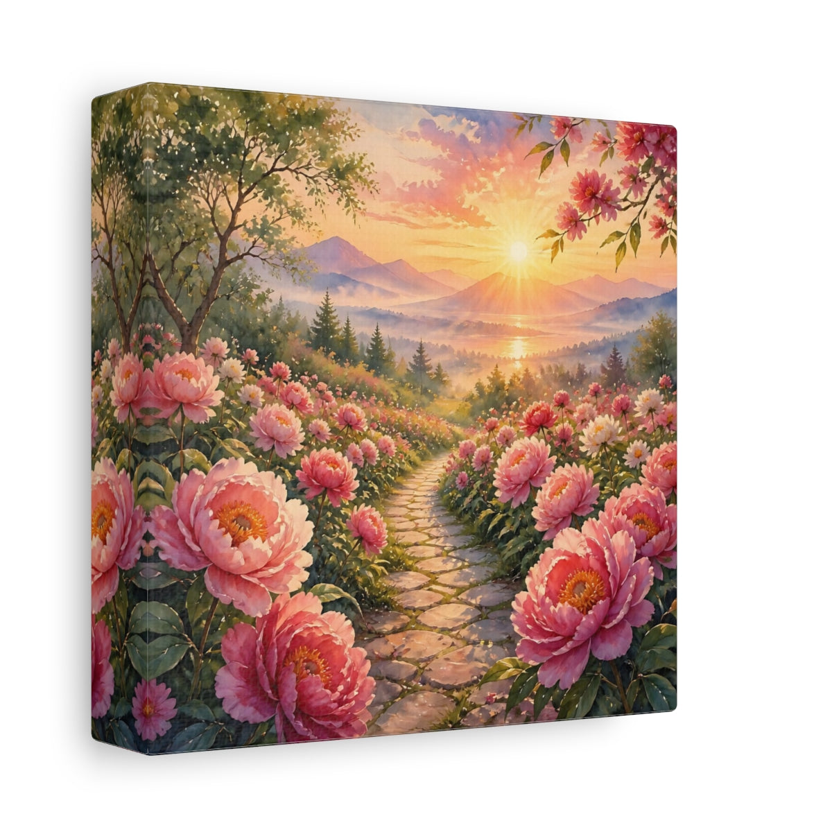 Side Mockup 2. Nature Peony Path Pink Flowers Sunset shown as stretched canvas wall art