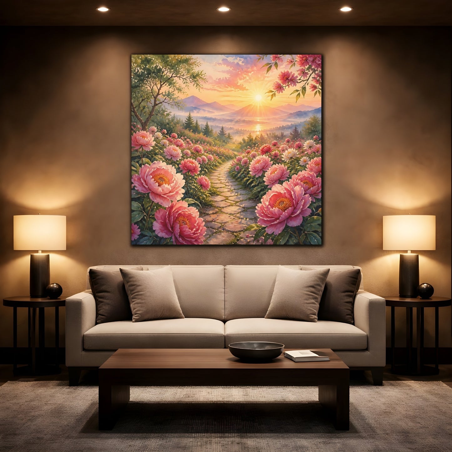 Mockup 2. Nature Peony Path Pink Flowers Sunset shown as stretched canvas wall art