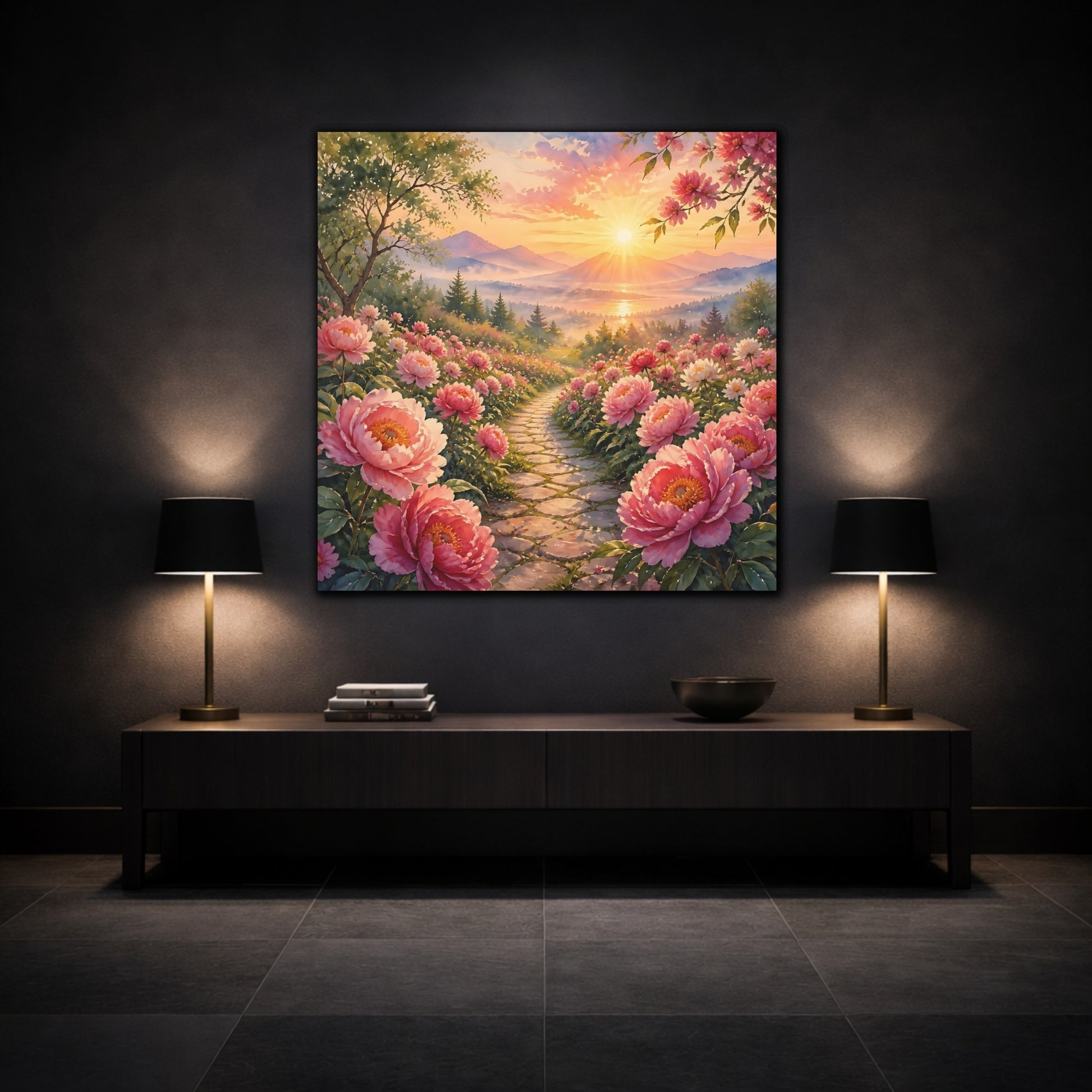 Mockup 3. Nature Peony Path Pink Flowers Sunset shown as stretched canvas wall art