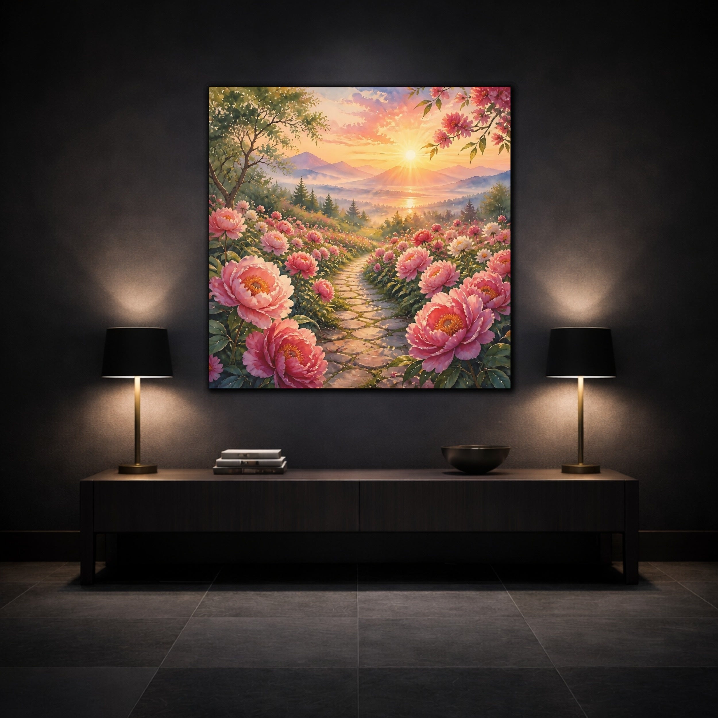 Mockup 3. Nature Peony Path Pink Flowers Sunset shown as stretched canvas wall art