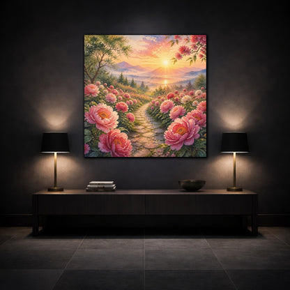 Mockup 3. Nature Peony Path Pink Flowers Sunset shown as stretched canvas wall art
