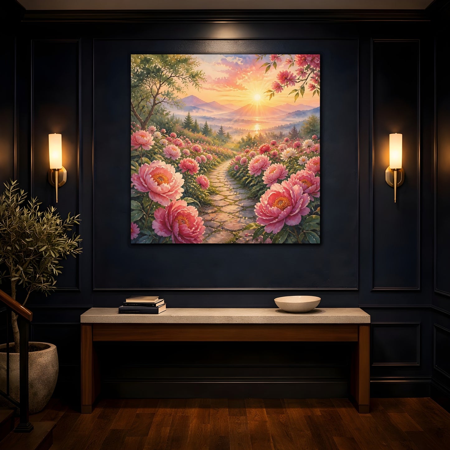 Mockup 4. Nature Peony Path Pink Flowers Sunset shown as stretched canvas wall art