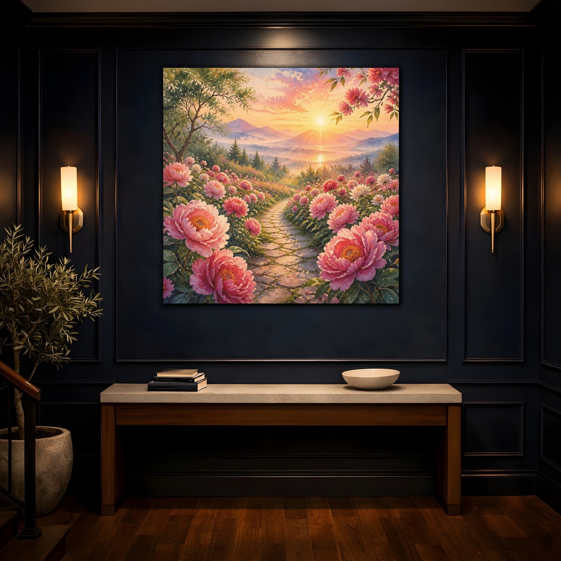 Mockup 4. Nature Peony Path Pink Flowers Sunset shown as stretched canvas wall art