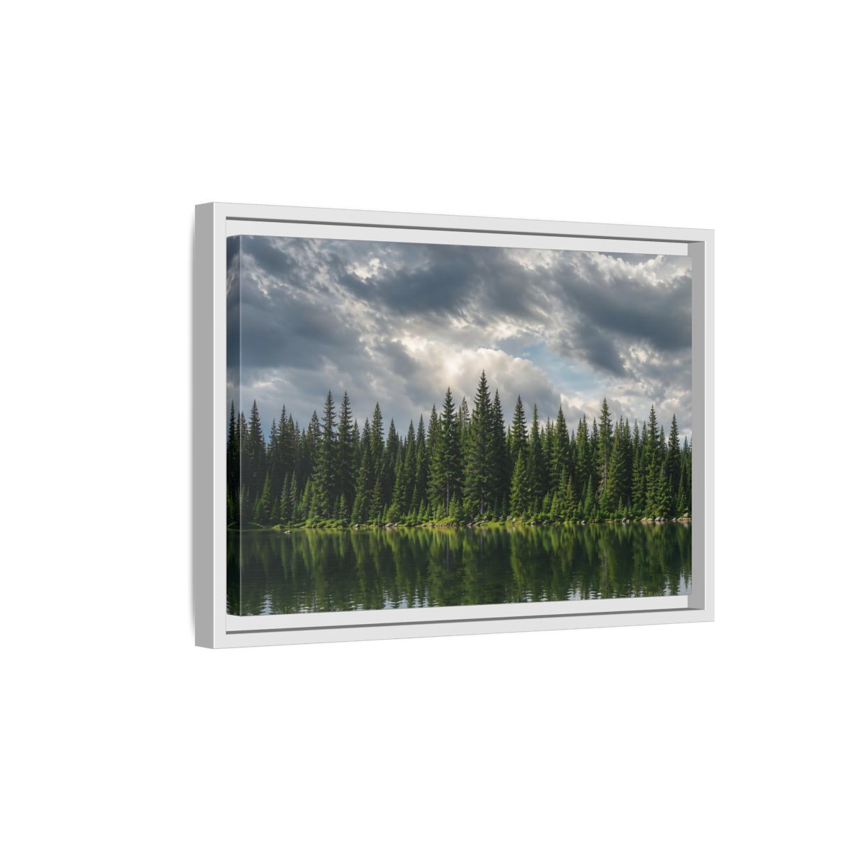 Side Mockup 4. Nature Pine Forest Pine Forest Lake shown as stretched canvas wall art