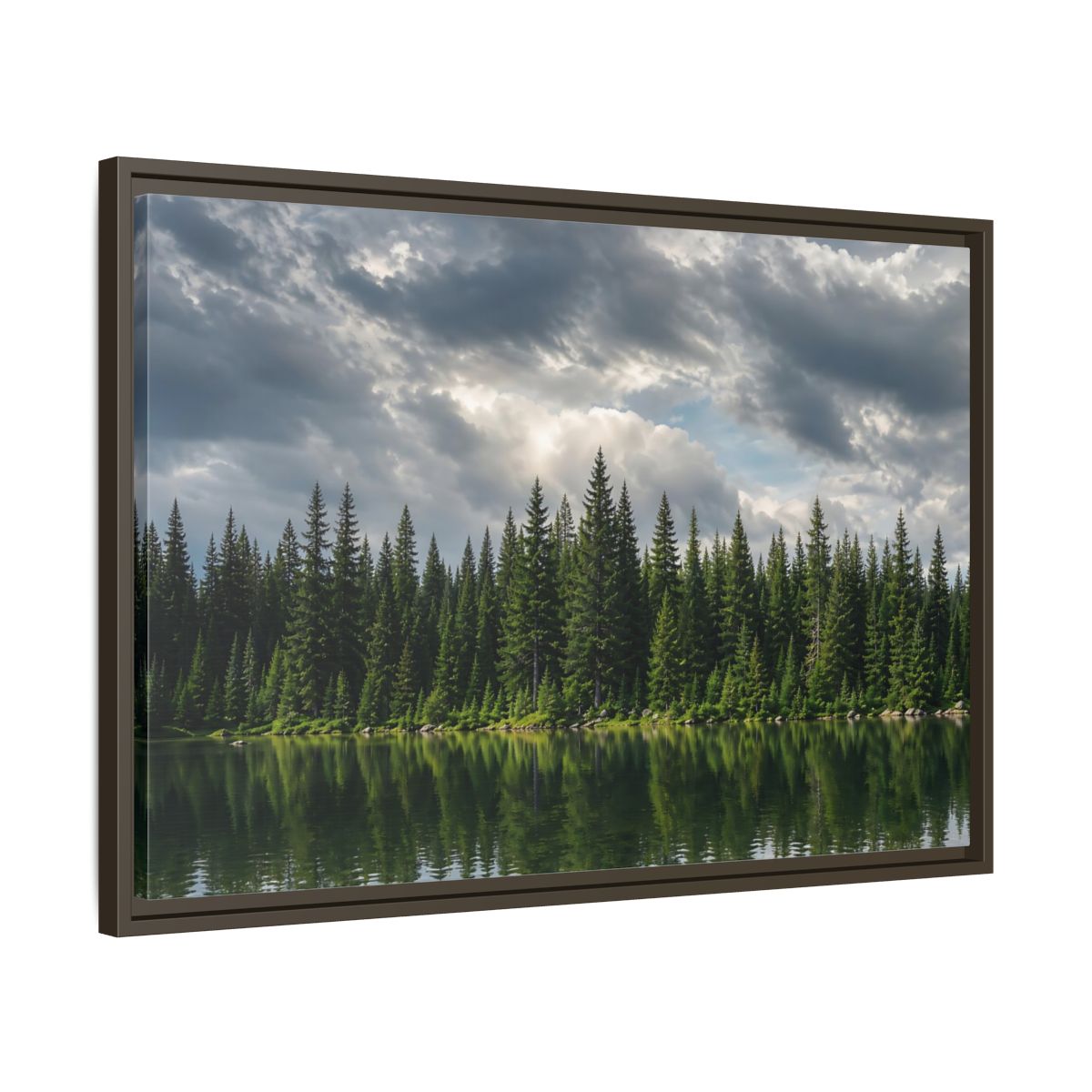 Side Mockup 11. Nature Pine Forest Pine Forest Lake shown as stretched canvas wall art