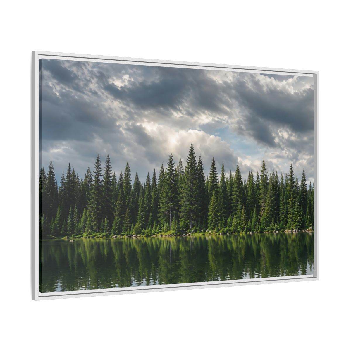 Side Mockup 7. Nature Pine Forest Pine Forest Lake shown as stretched canvas wall art