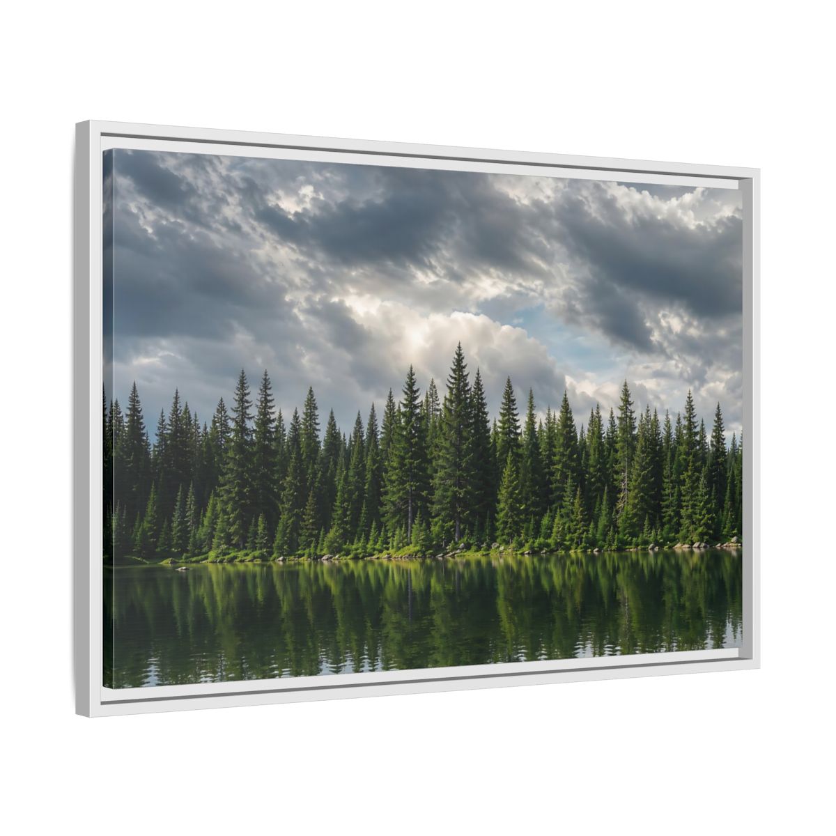 Side Mockup 10. Nature Pine Forest Pine Forest Lake shown as stretched canvas wall art