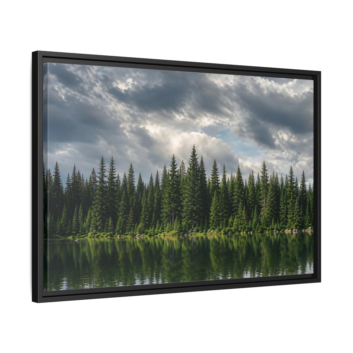Side Mockup 14. Nature Pine Forest Pine Forest Lake shown as stretched canvas wall art