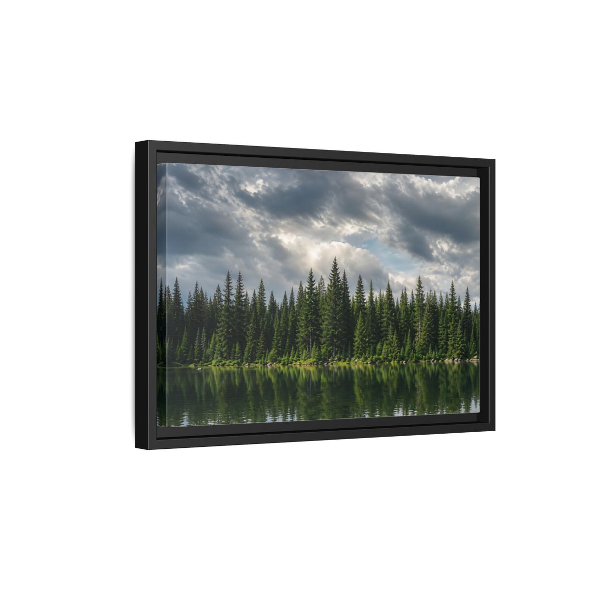 Side Mockup 6. Nature Pine Forest Pine Forest Lake shown as stretched canvas wall art