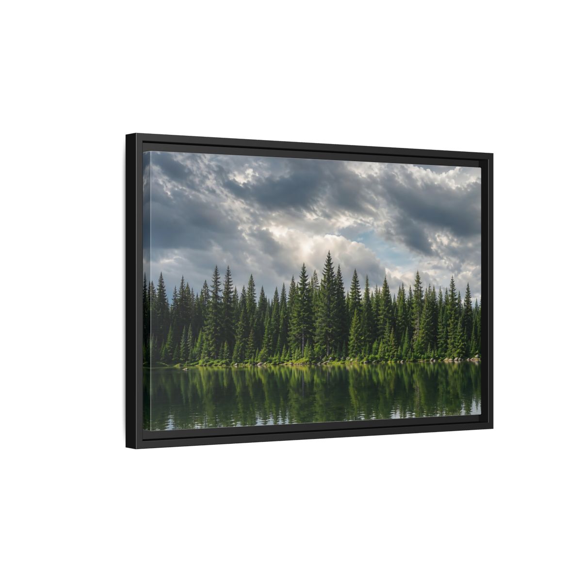 Side Mockup 3. Nature Pine Forest Pine Forest Lake shown as stretched canvas wall art