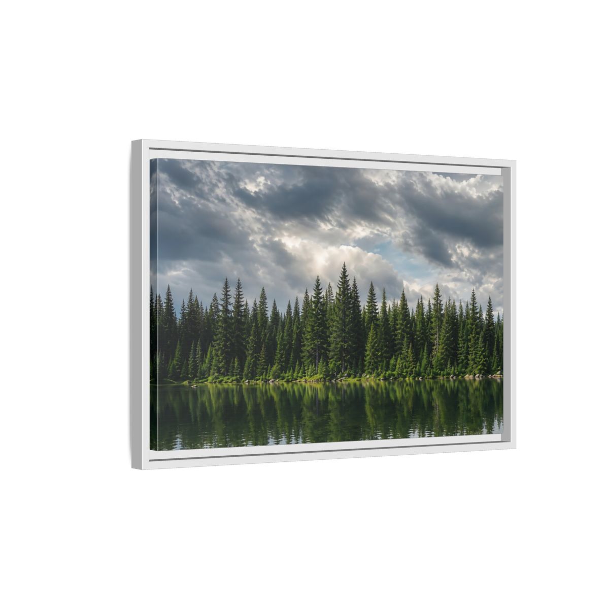 Side Mockup 1. Nature Pine Forest Pine Forest Lake shown as stretched canvas wall art