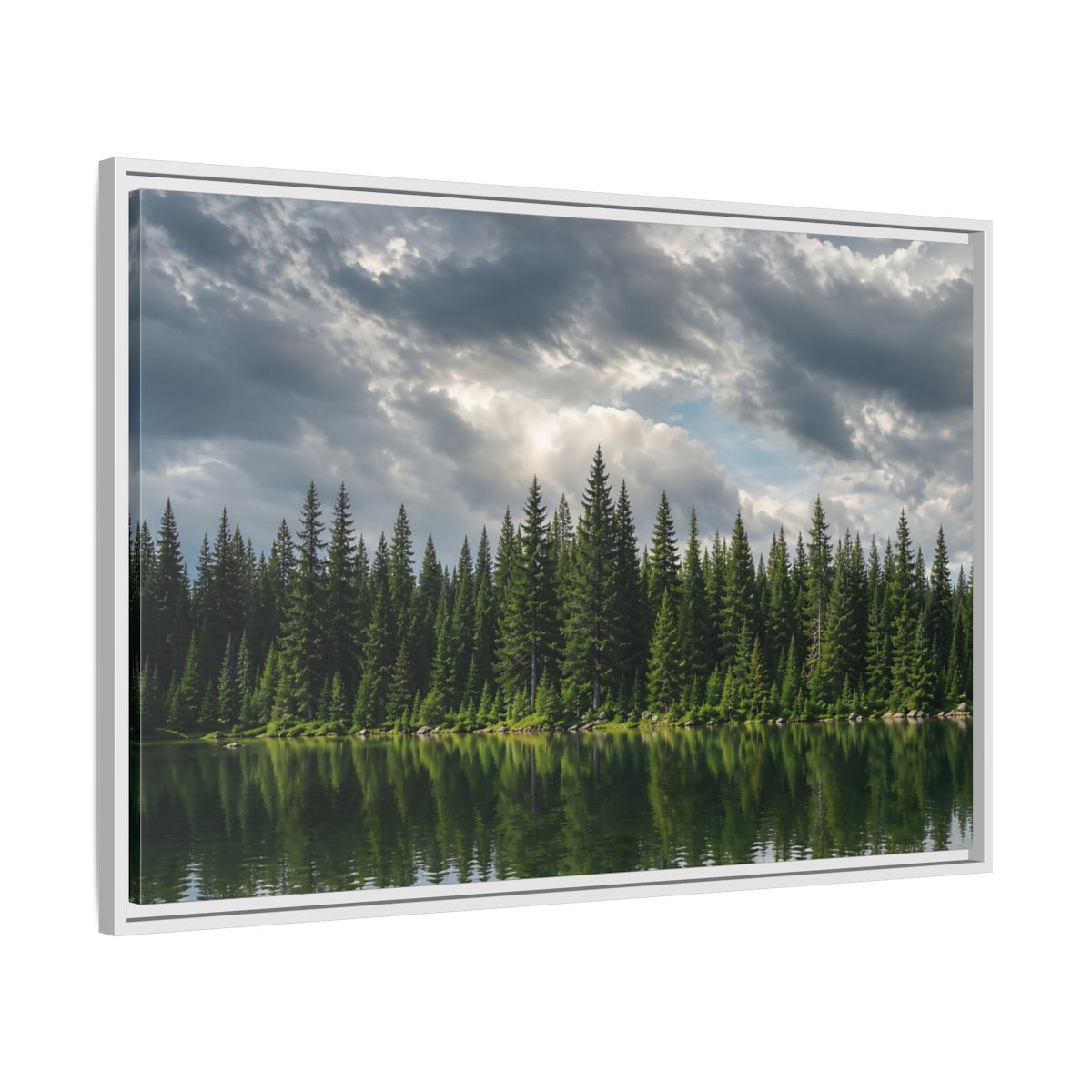 Side Mockup 9. Nature Pine Forest Pine Forest Lake shown as stretched canvas wall art