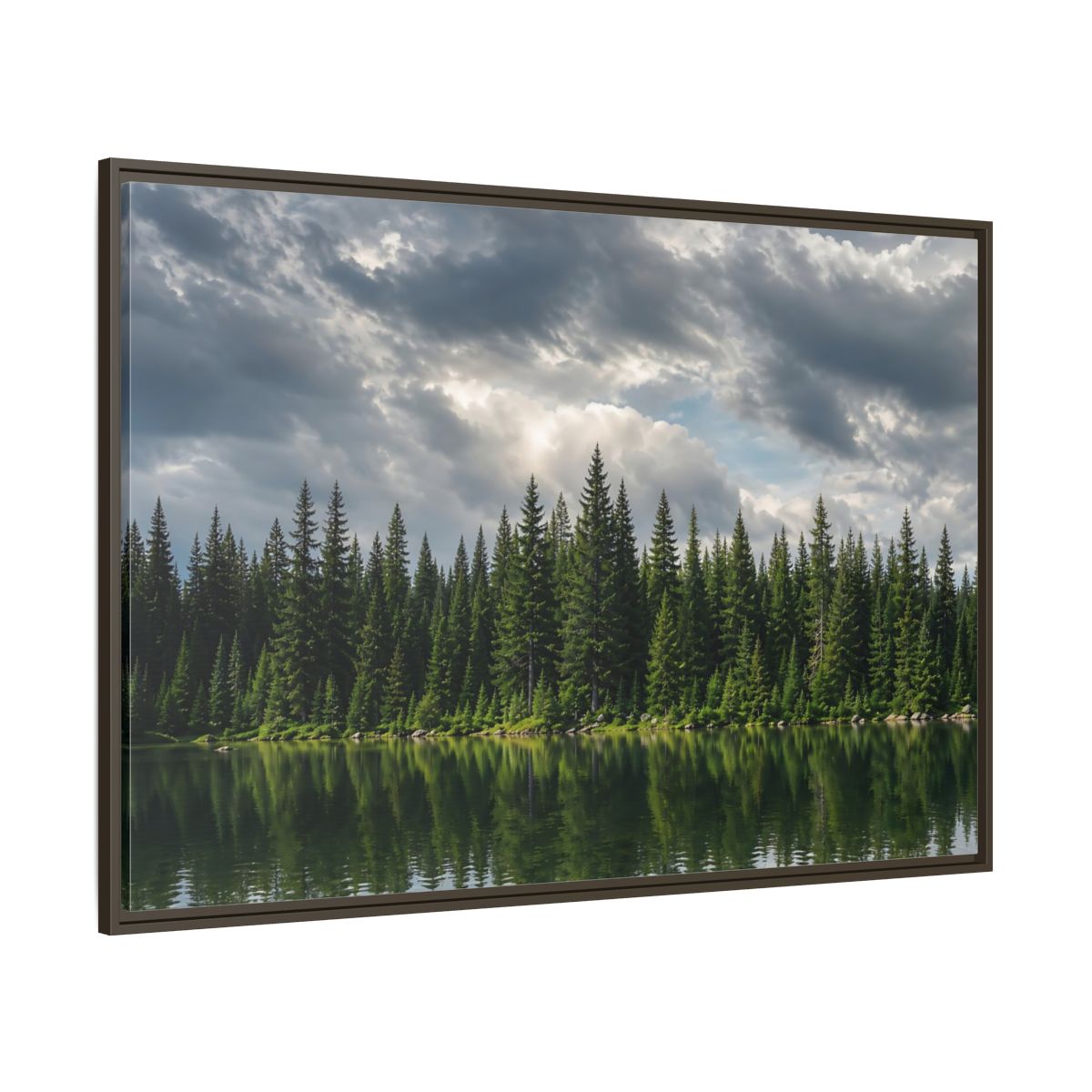Side Mockup 8. Nature Pine Forest Pine Forest Lake shown as stretched canvas wall art