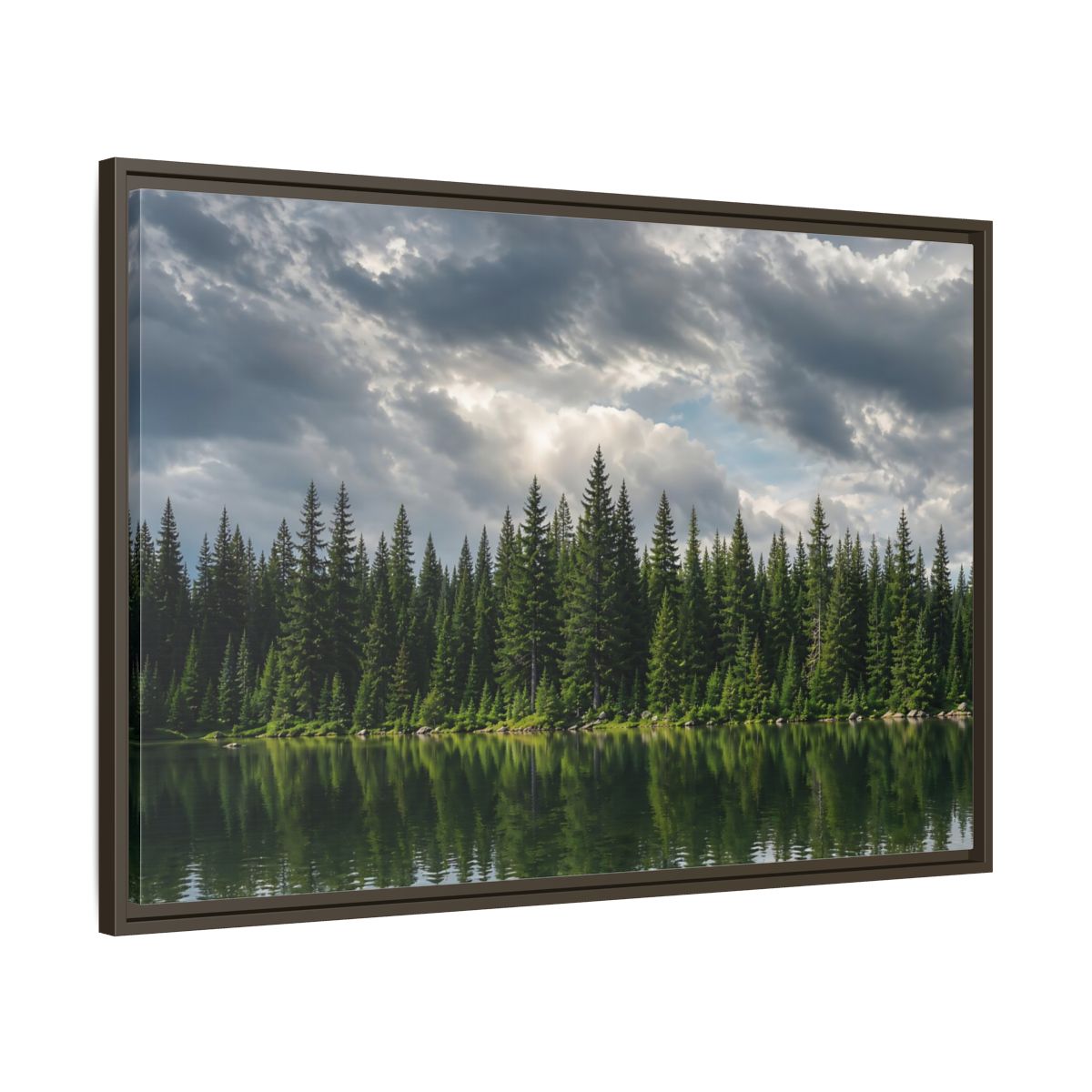Main Mockup. Nature Pine Forest Pine Forest Lake shown as stretched canvas wall art