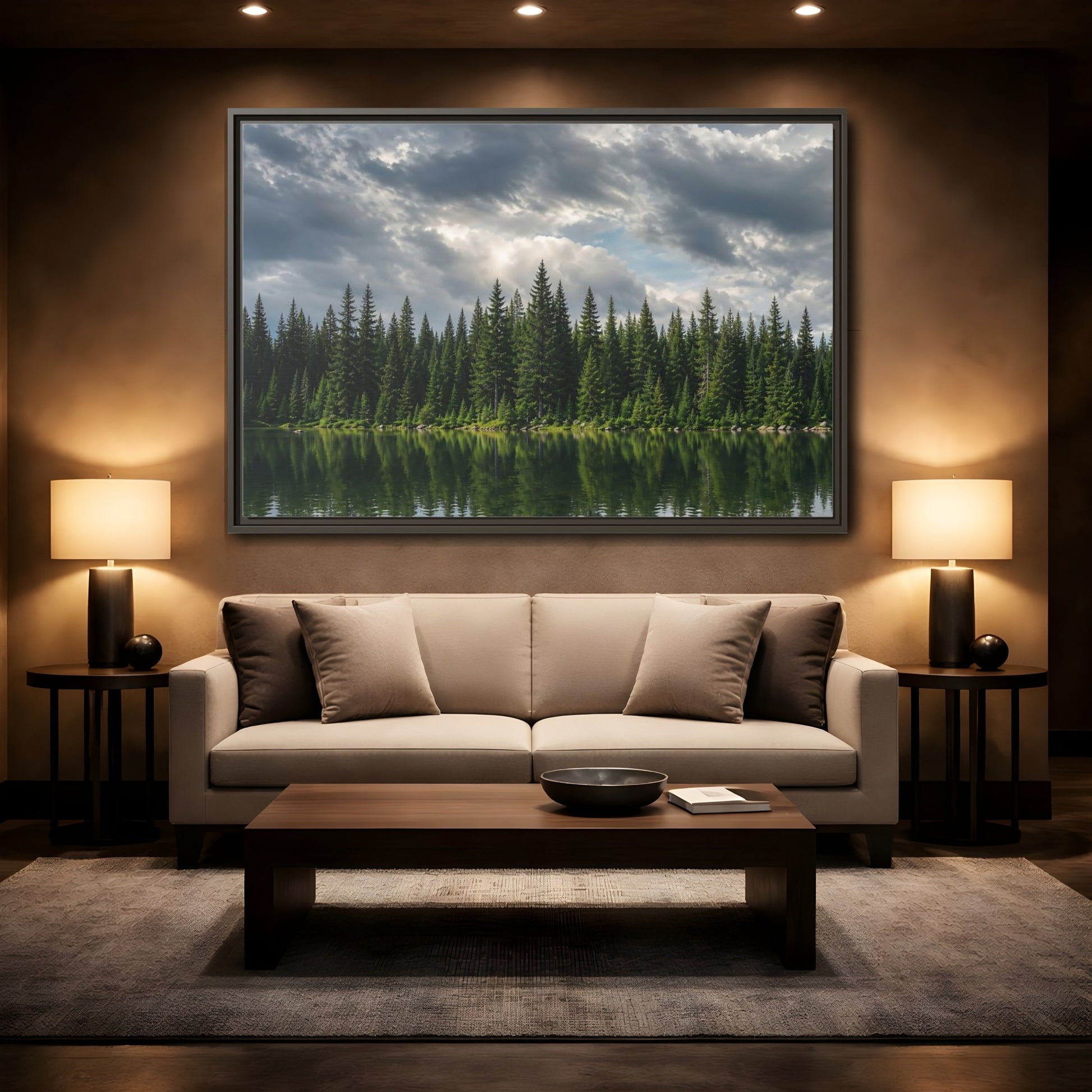 Mockup 2. Nature Pine Forest Pine Forest Lake shown as stretched canvas wall art