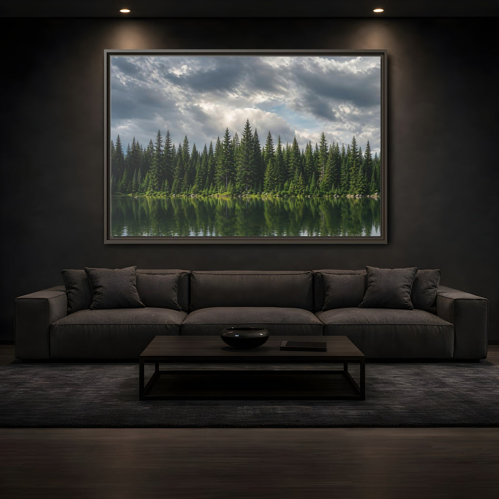 Mockup 3. Nature Pine Forest Pine Forest Lake shown as stretched canvas wall art
