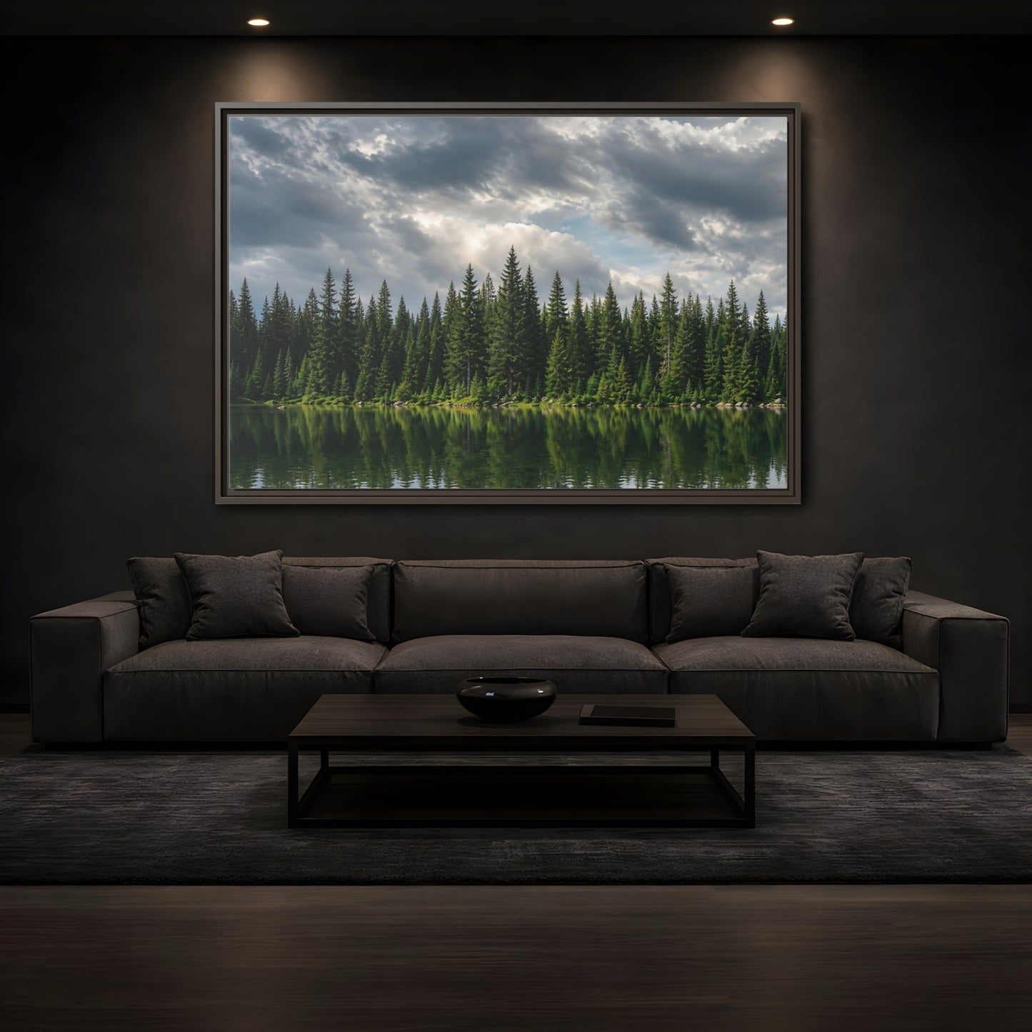 Mockup 3. Nature Pine Forest Pine Forest Lake shown as stretched canvas wall art
