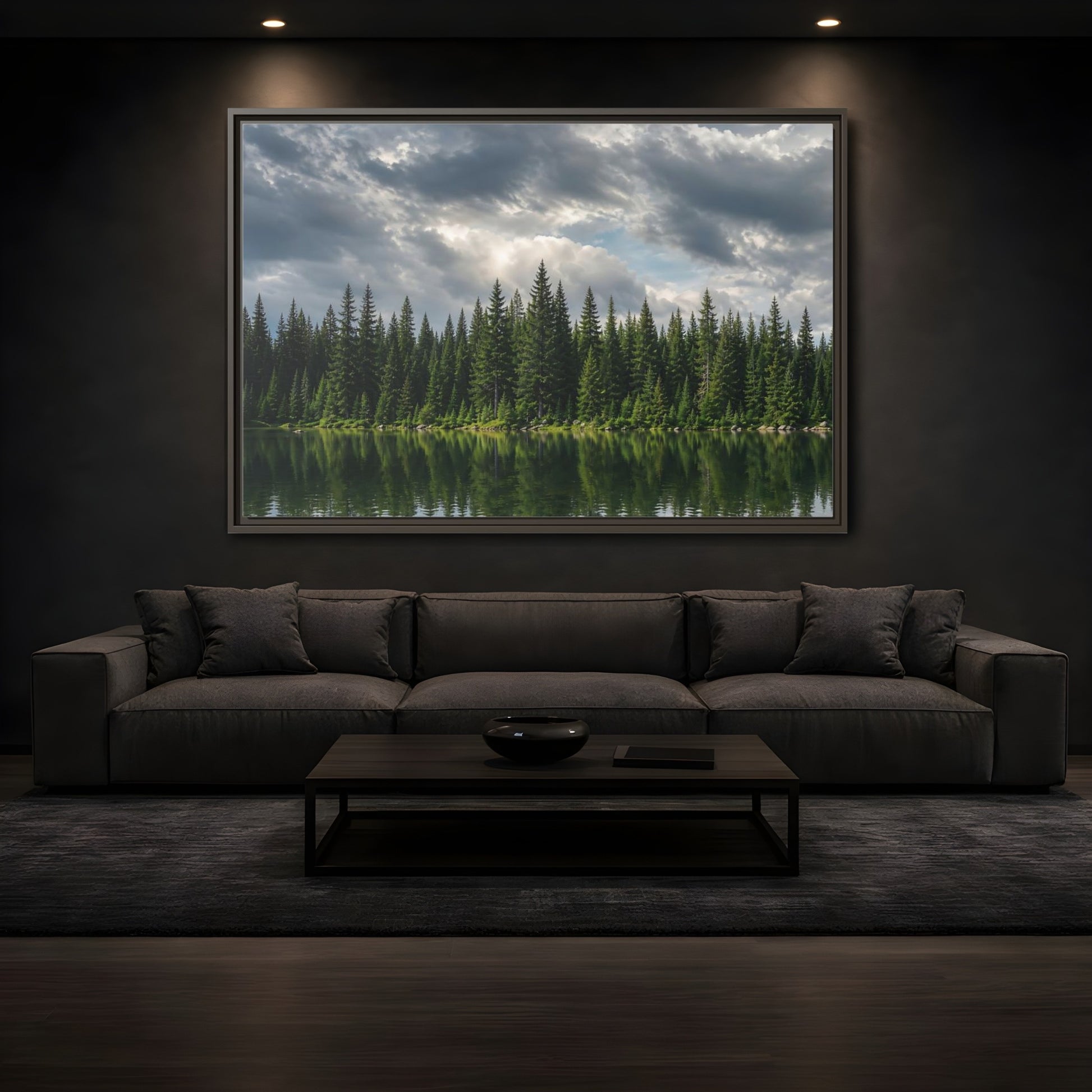 Mockup 3. Nature Pine Forest Pine Forest Lake shown as stretched canvas wall art