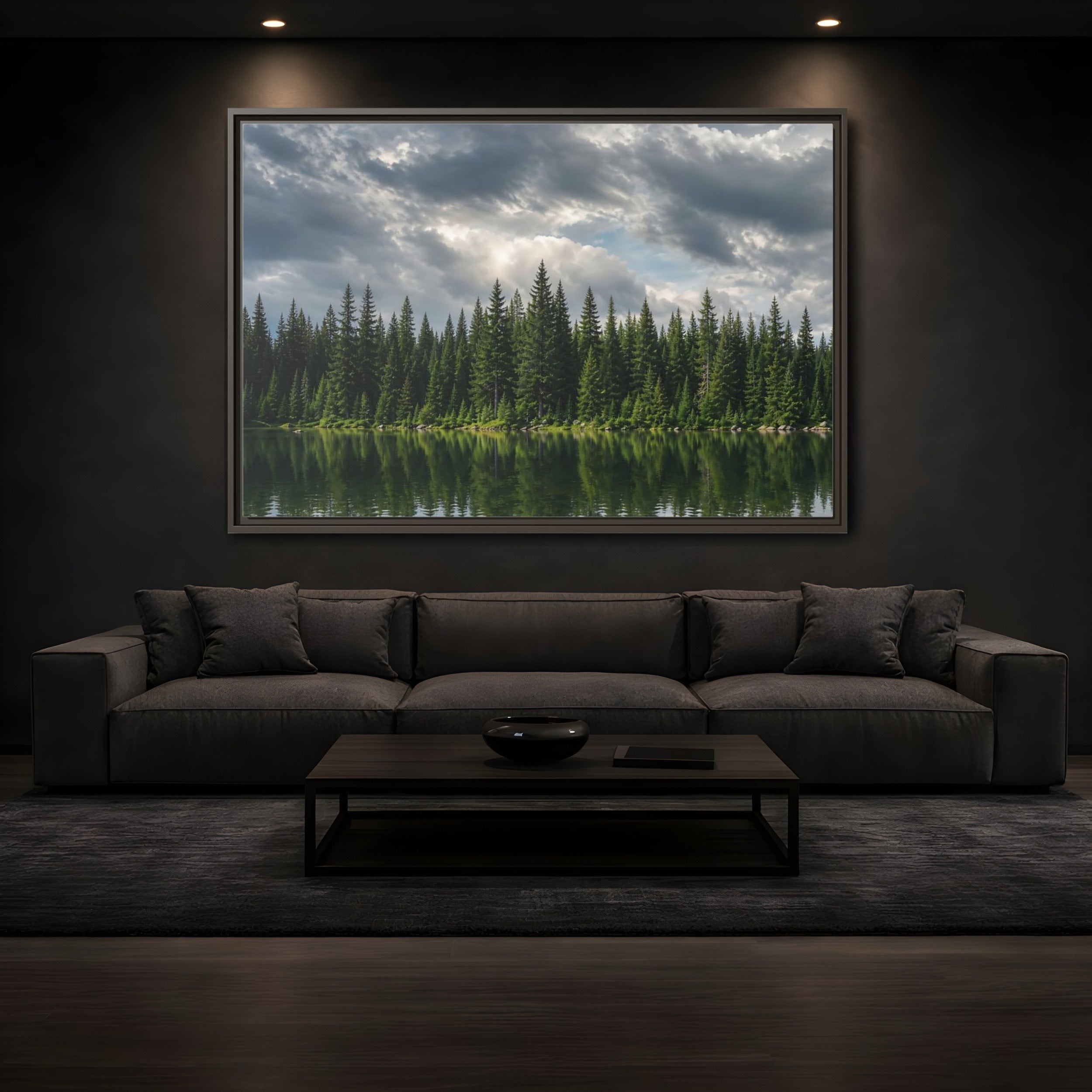Mockup 3. Nature Pine Forest Pine Forest Lake shown as stretched canvas wall art